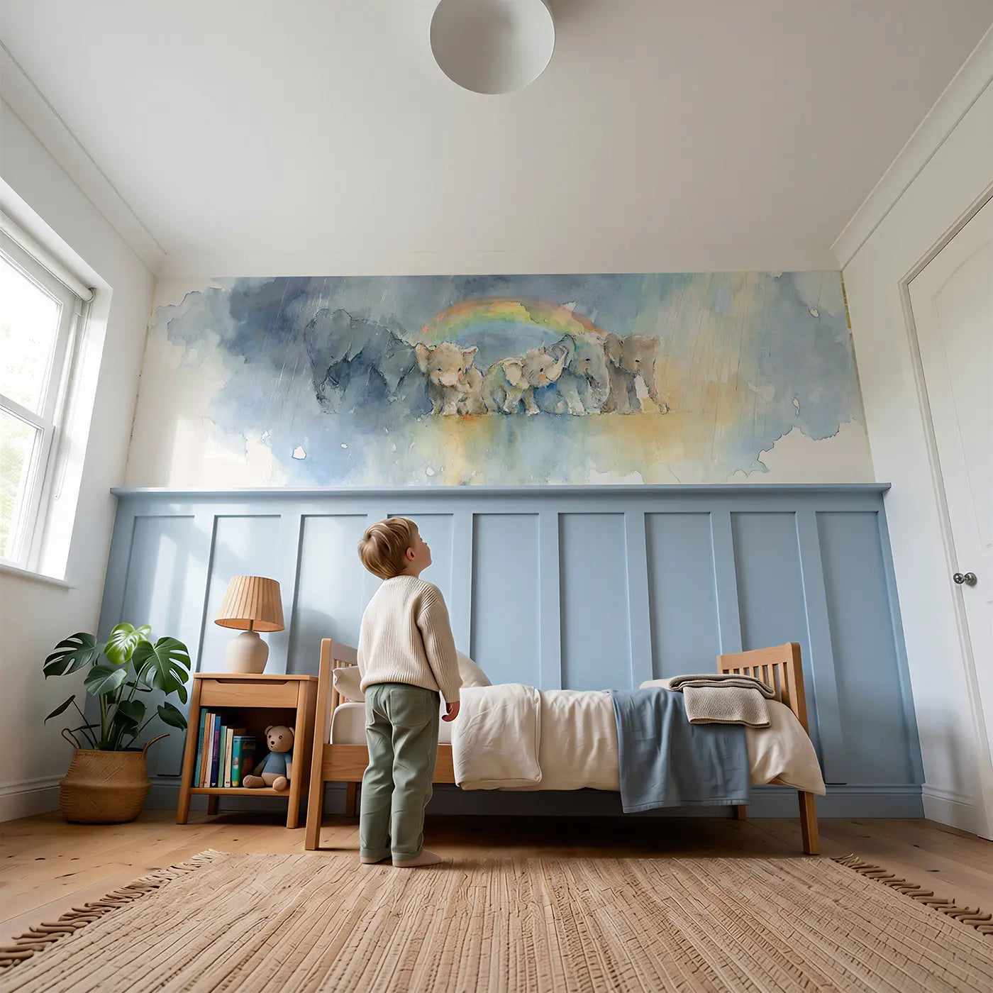 Child reading near Rainbow After Rain Clouds Wainscoting Wallpaper by Whimsy Tots
