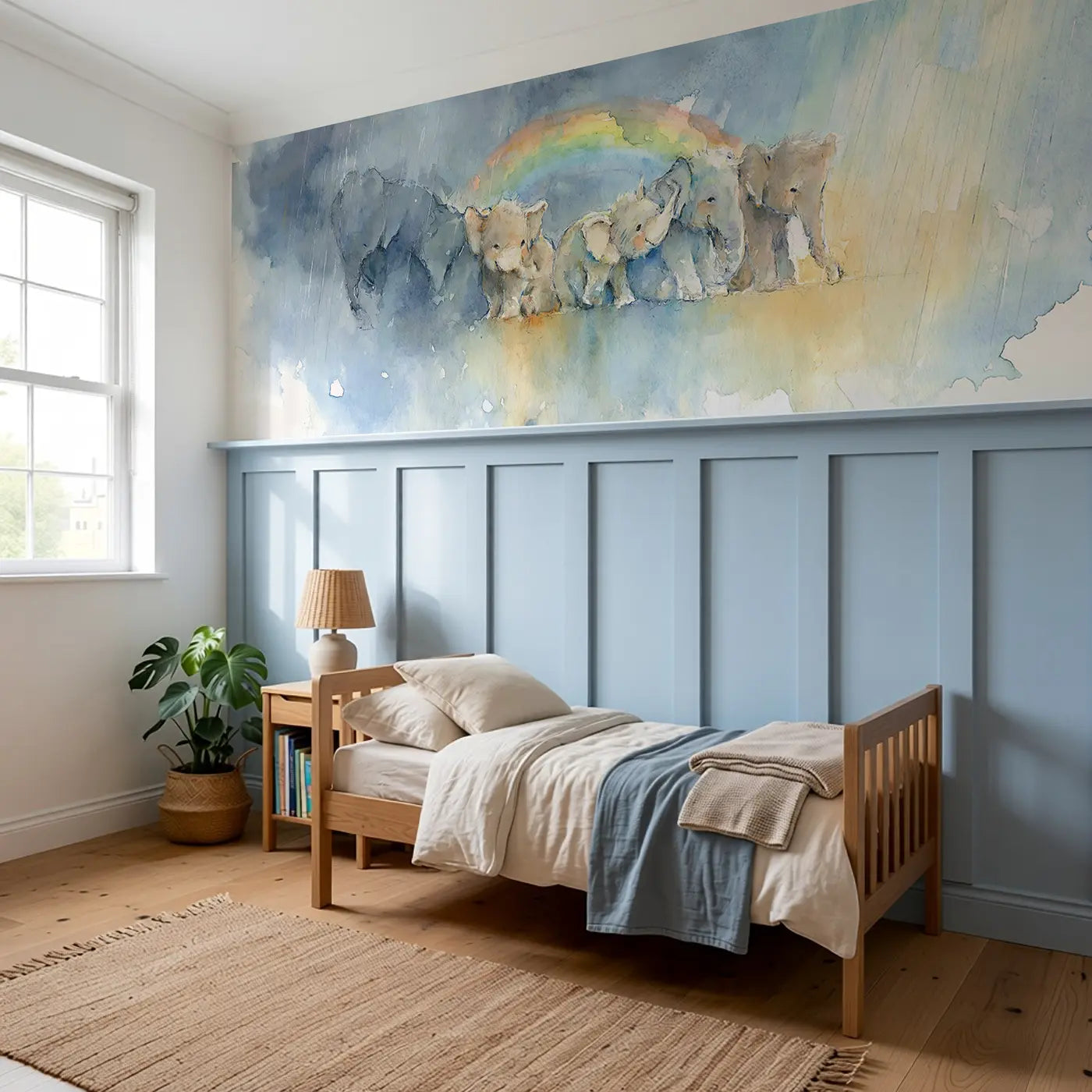 Rainbow After Rain Clouds Wainscoting Wallpaper styled in a kids bedroom by Whimsy Tots
