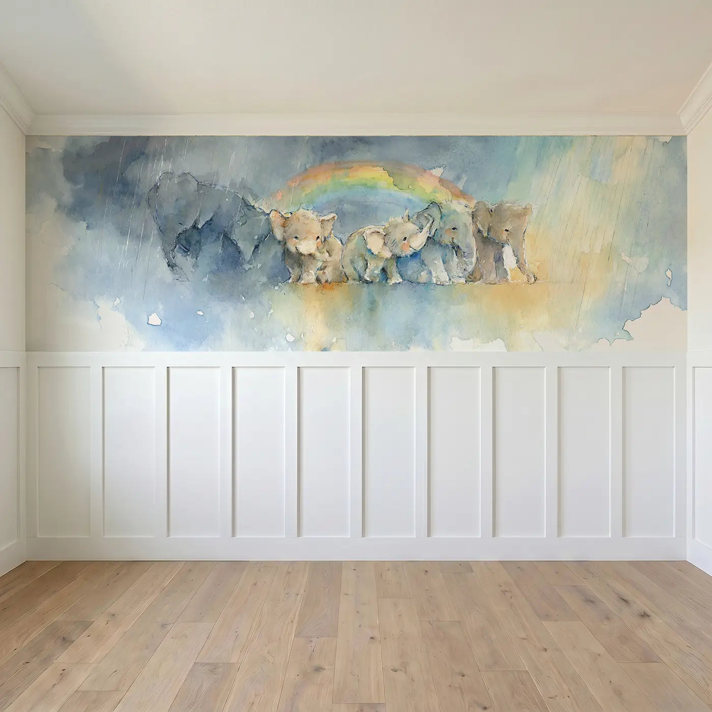 Full panel view of Rainbow After Rain Clouds Wainscoting Wallpaper by Whimsy Tots