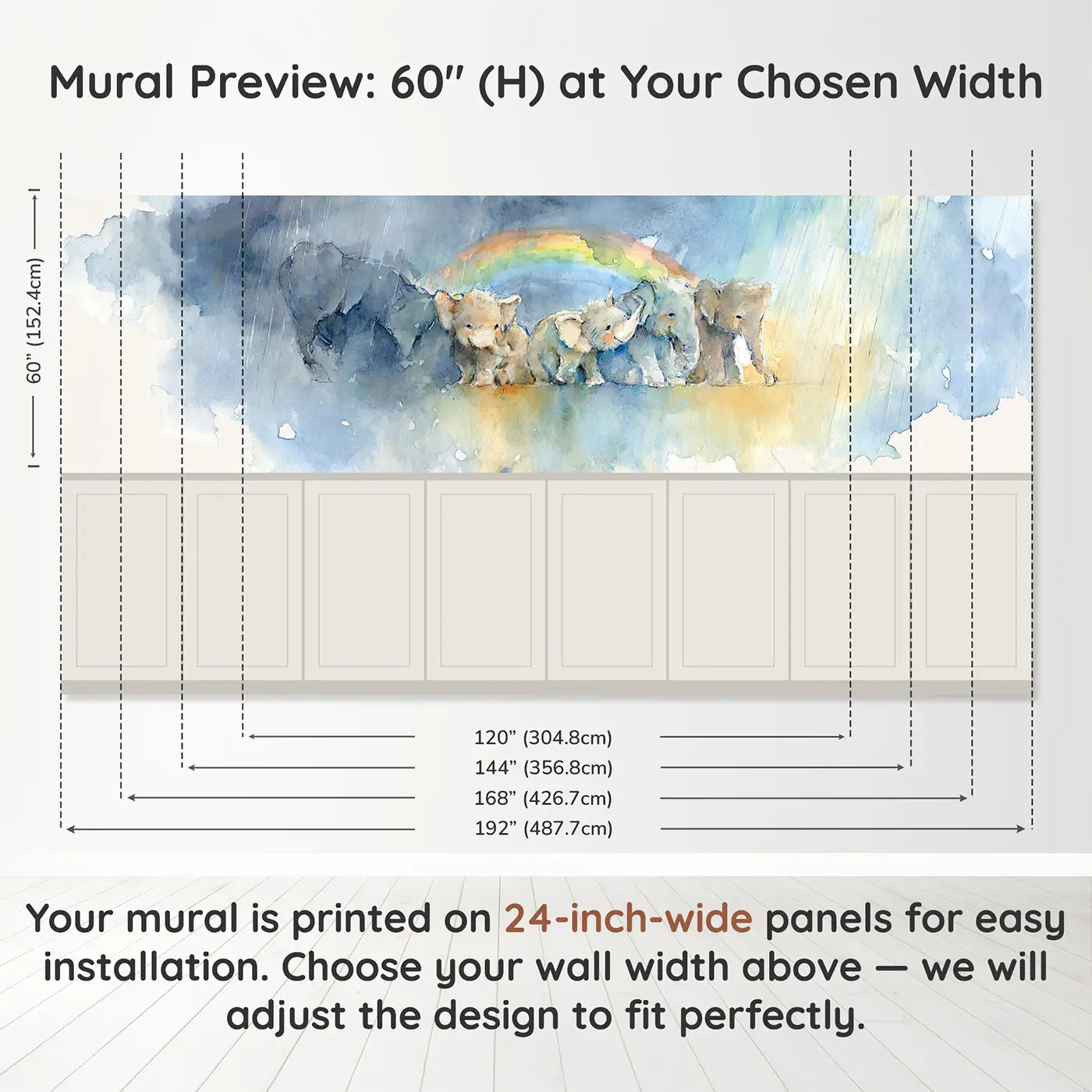 Panel dimensions for Rainbow After Rain Clouds Wainscoting Wallpaper by Whimsy Tots