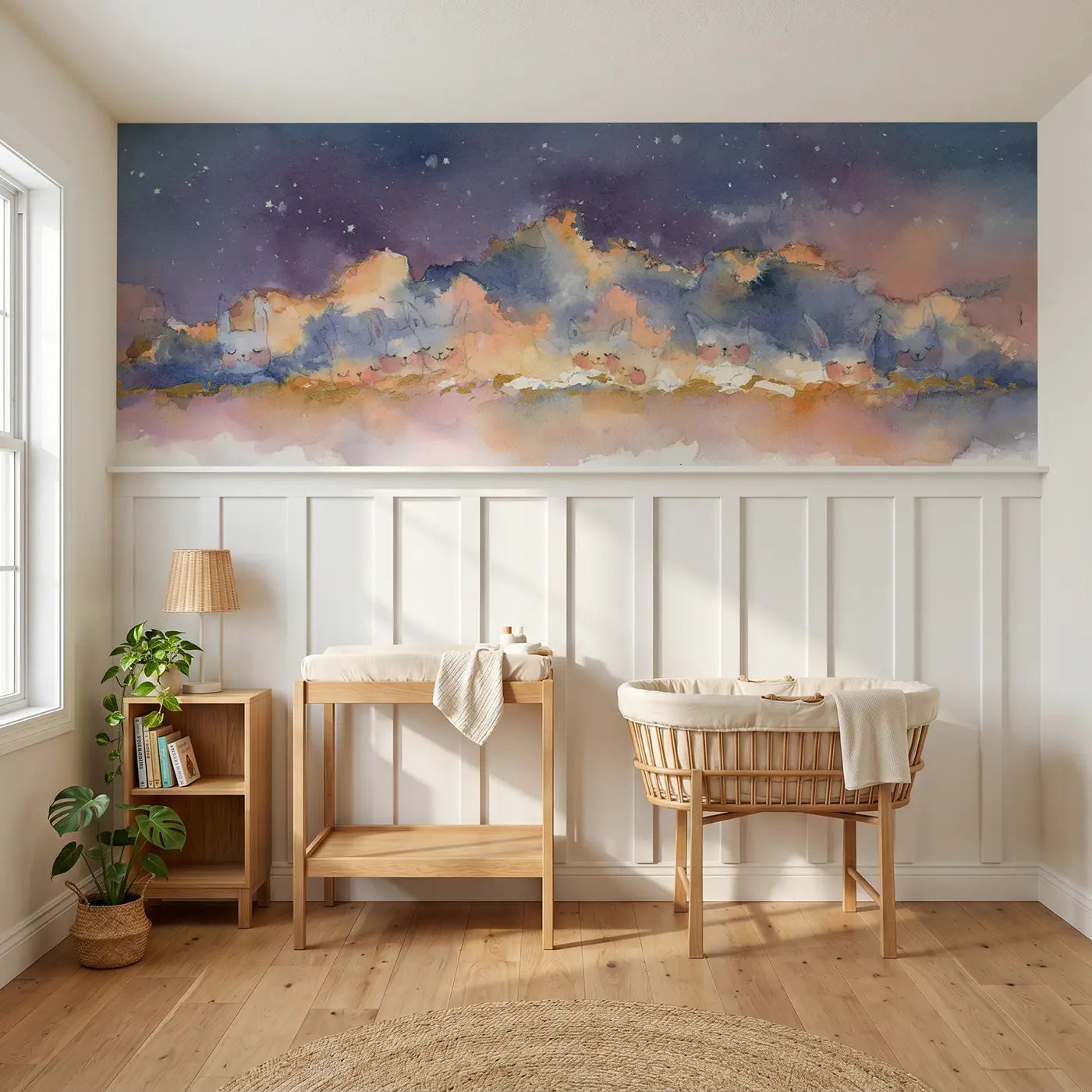 Watercolor starry twilight cloud bank wainscoting wallpaper for nursery by Whimsy Tots