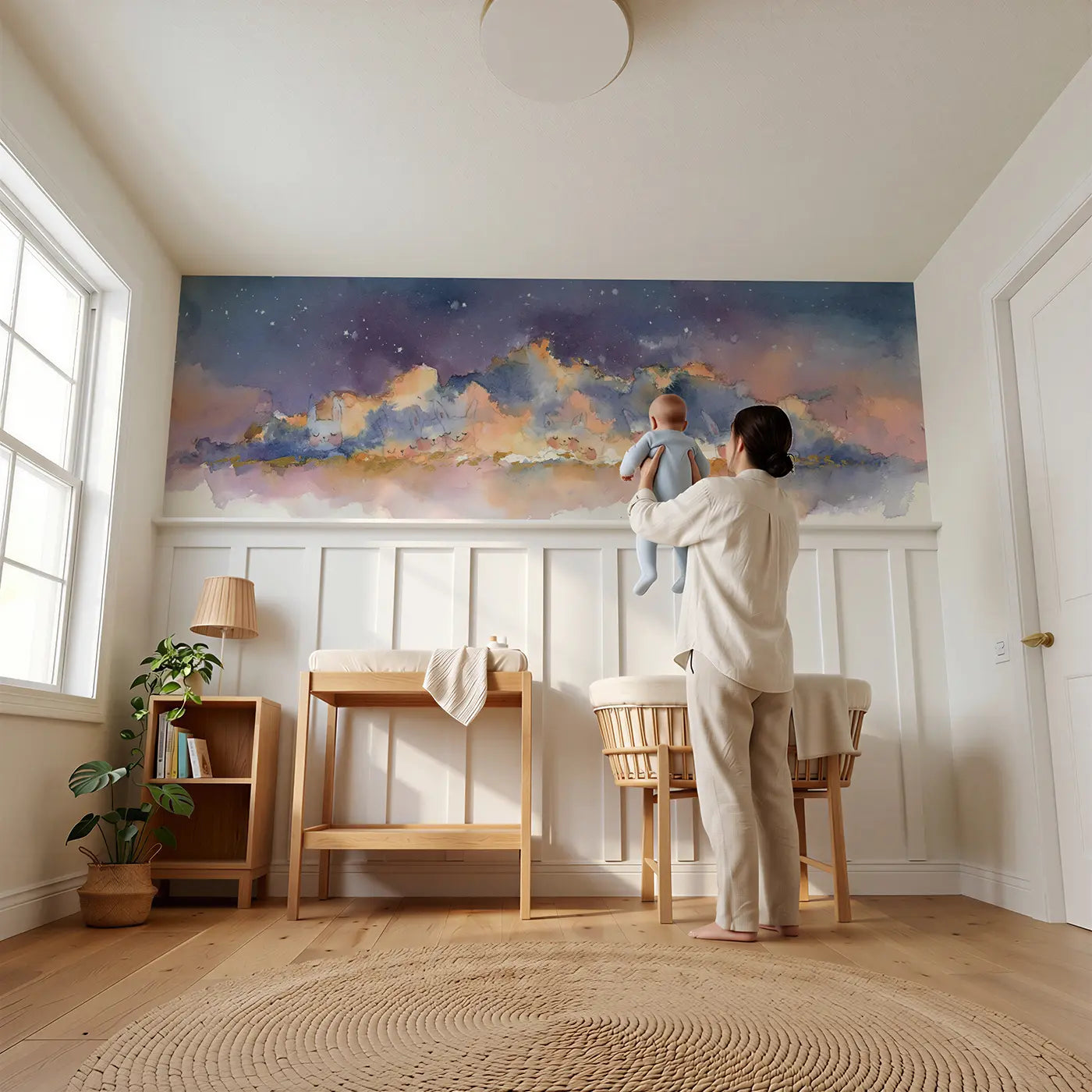 Child reading near Starry Twilight Cloud Bank Wainscoting Wallpaper by Whimsy Tots