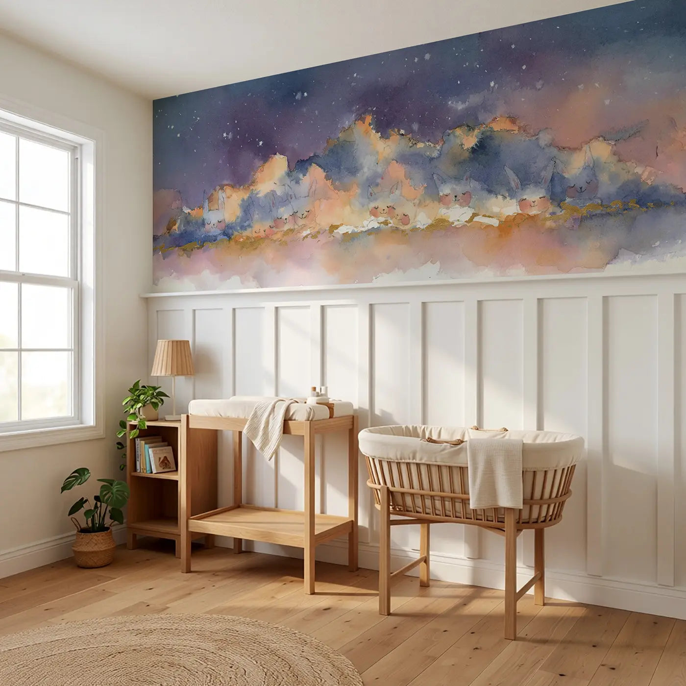 Starry Twilight Cloud Bank Wainscoting Wallpaper styled in a kids bedroom by Whimsy Tots