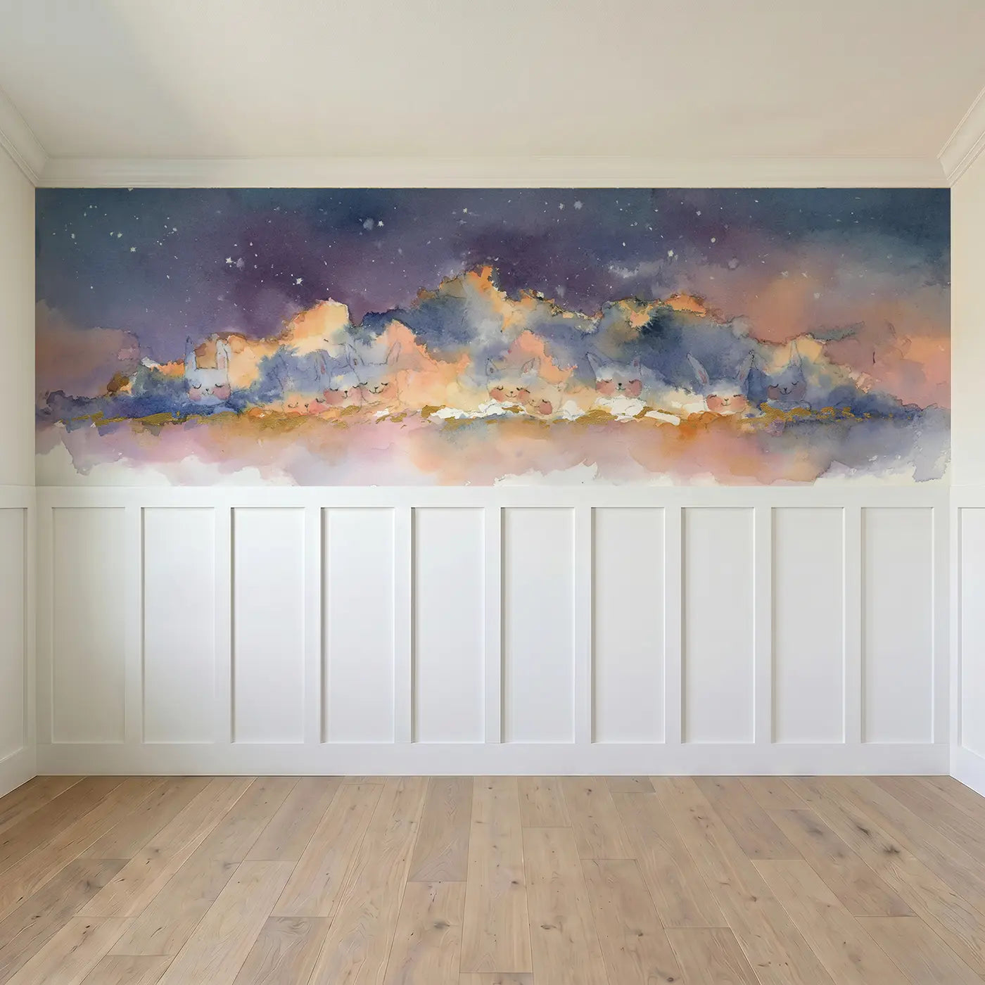 Full panel view of Starry Twilight Cloud Bank Wainscoting Wallpaper by Whimsy Tots