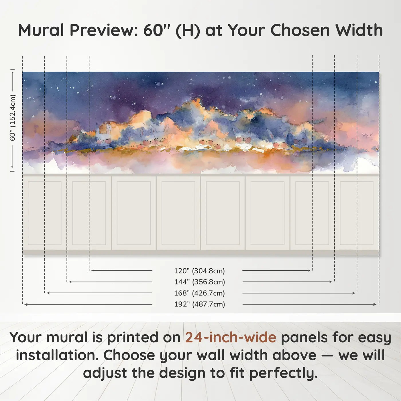 Panel dimensions for Starry Twilight Cloud Bank Wainscoting Wallpaper by Whimsy Tots