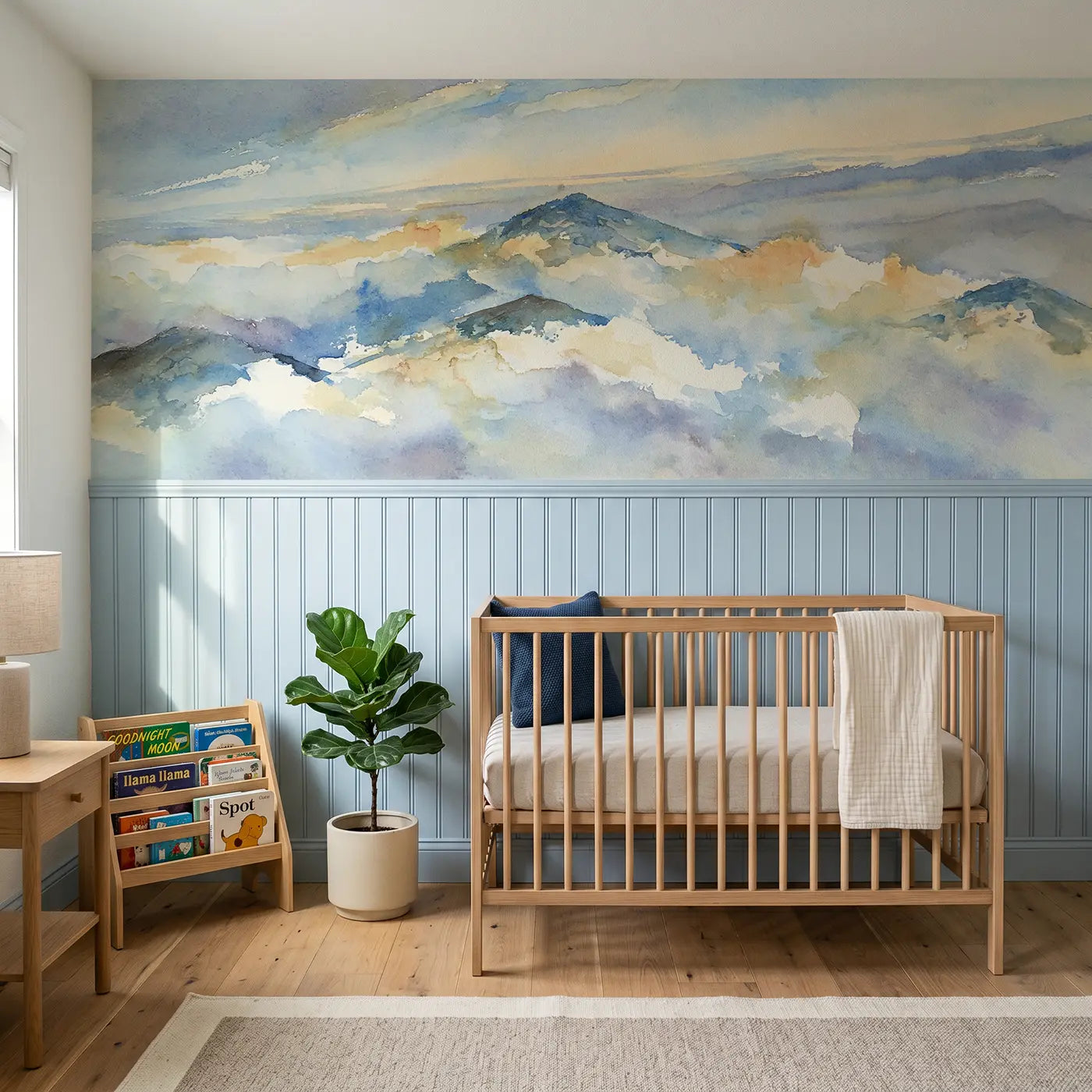 Watercolor morning mist cloud valley wainscoting wallpaper for nursery by Whimsy Tots