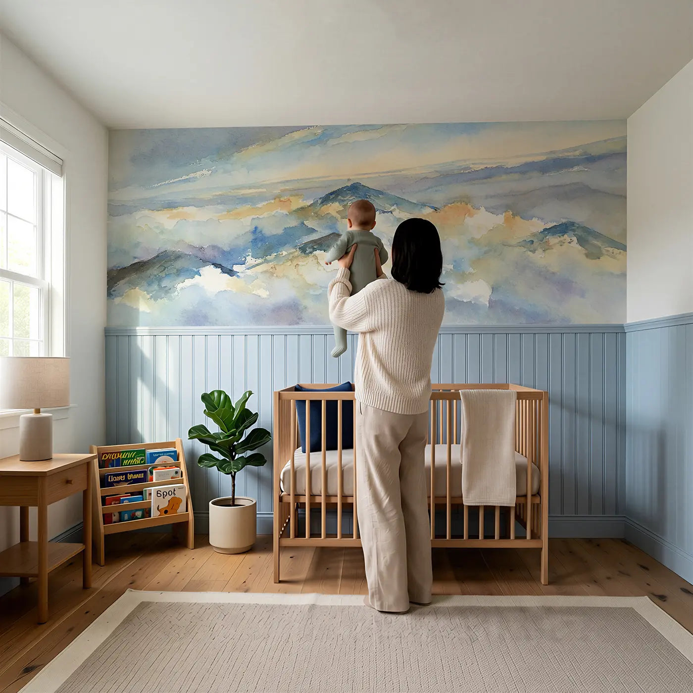 Child reading near Morning Mist Cloud Valley Wainscoting Wallpaper by Whimsy Tots