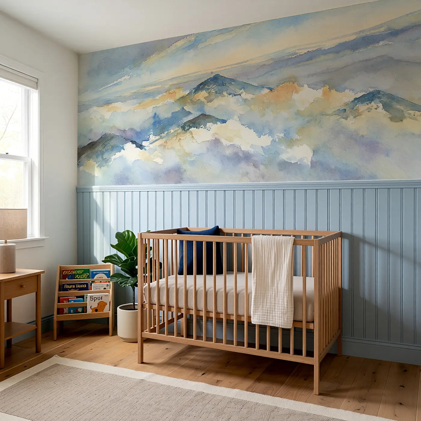 Morning Mist Cloud Valley Wainscoting Wallpaper styled in a kids bedroom by Whimsy Tots