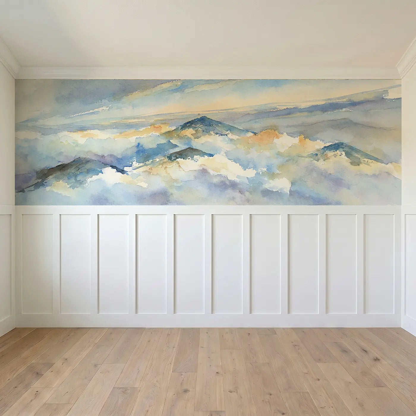 Full panel view of Morning Mist Cloud Valley Wainscoting Wallpaper by Whimsy Tots