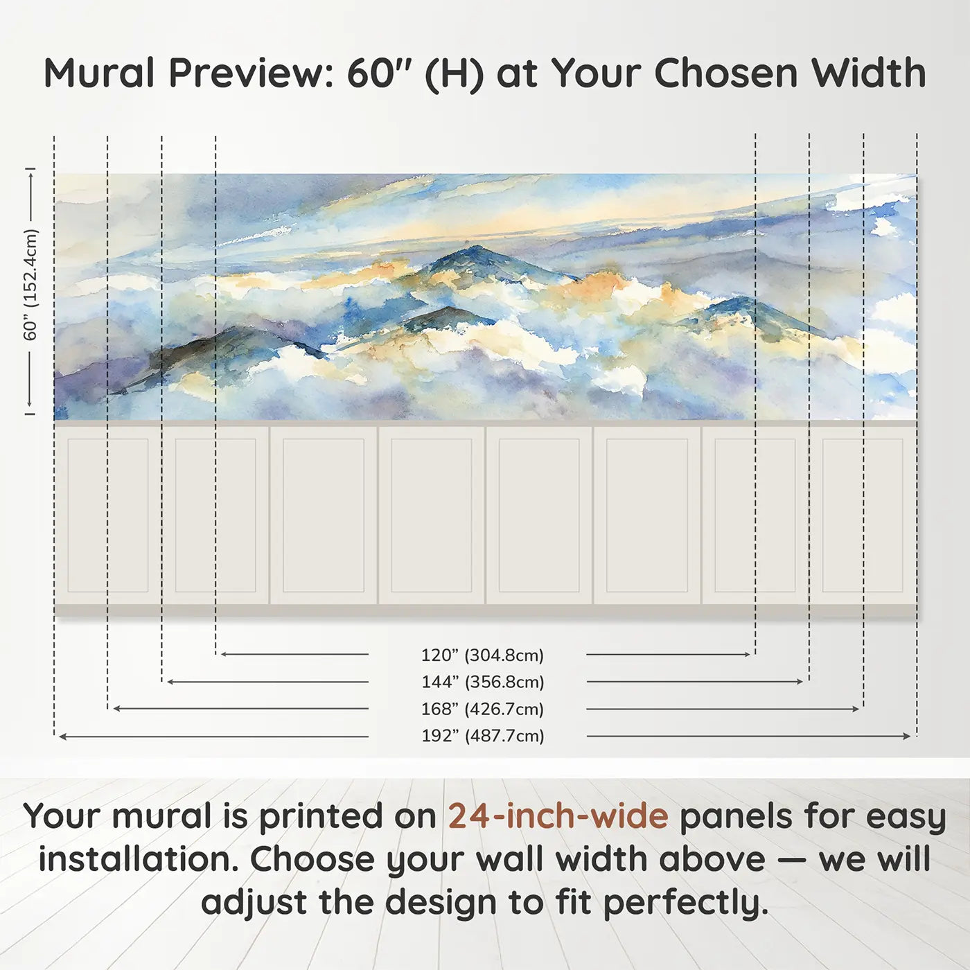 Panel dimensions for Morning Mist Cloud Valley Wainscoting Wallpaper by Whimsy Tots
