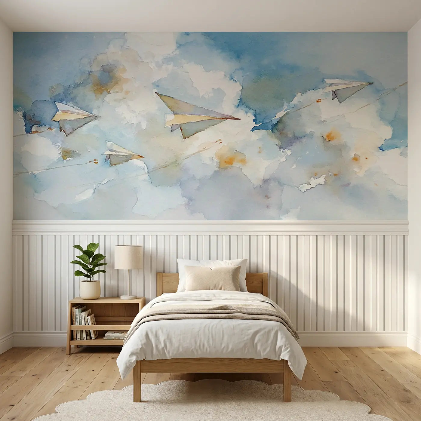 Watercolor paper airplane cloud race wainscoting wallpaper for bedroom by Whimsy Tots