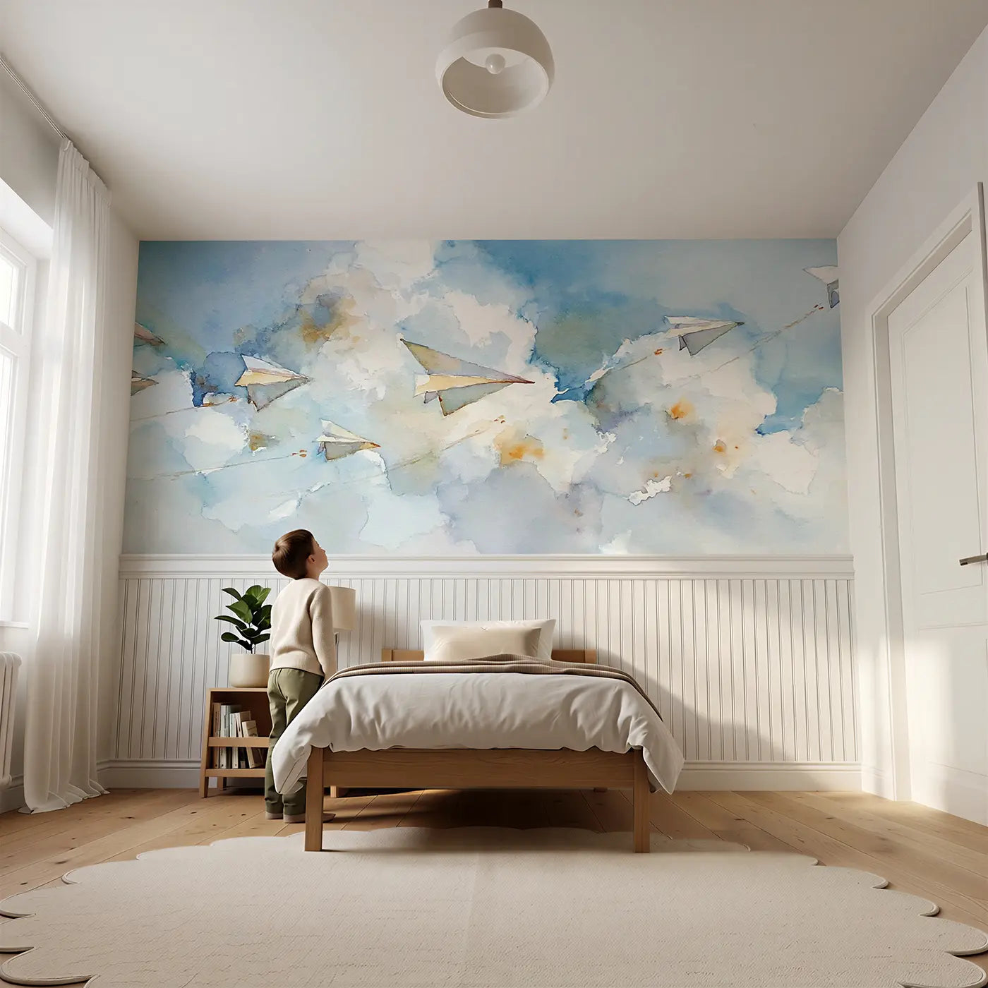 Child reading near Paper Airplane Cloud Race Wainscoting Wallpaper by Whimsy Tots