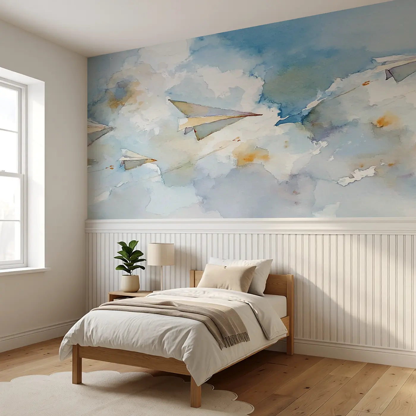 Paper Airplane Cloud Race Wainscoting Wallpaper styled in a kids bedroom by Whimsy Tots
