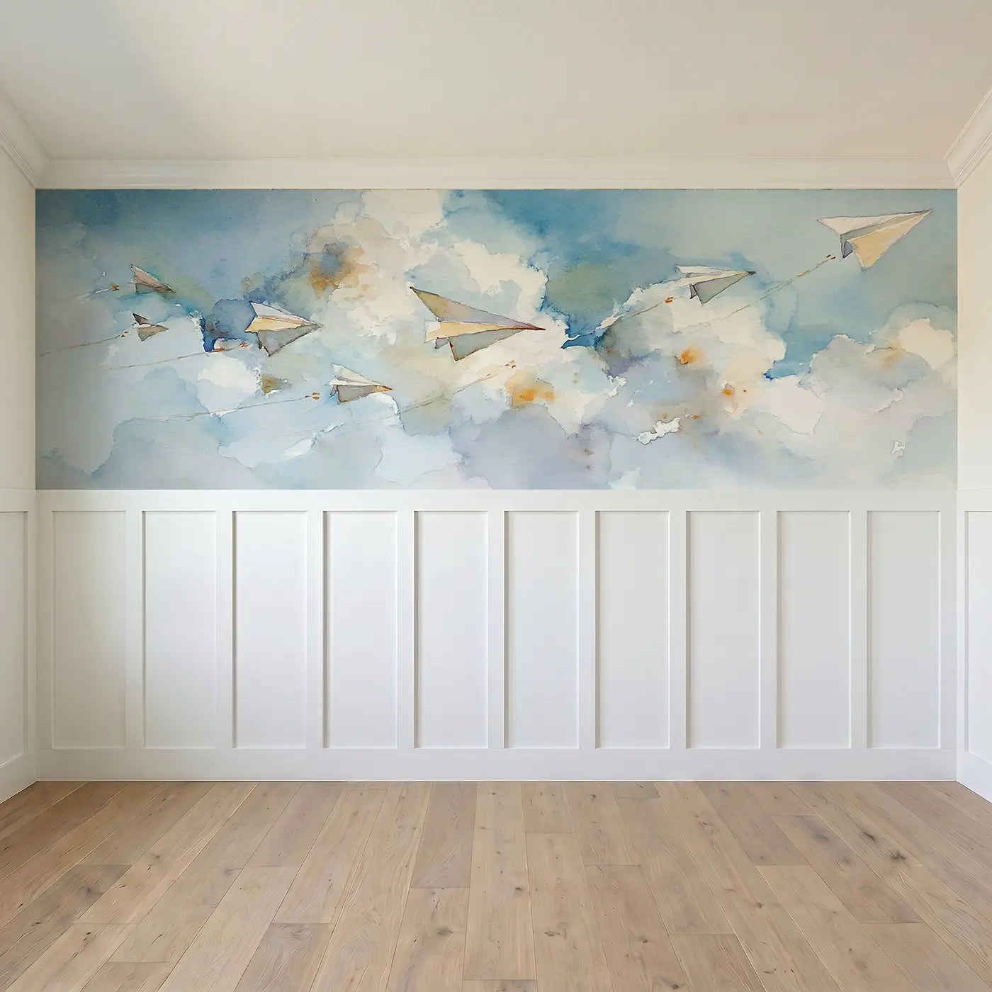 Full panel view of Paper Airplane Cloud Race Wainscoting Wallpaper by Whimsy Tots