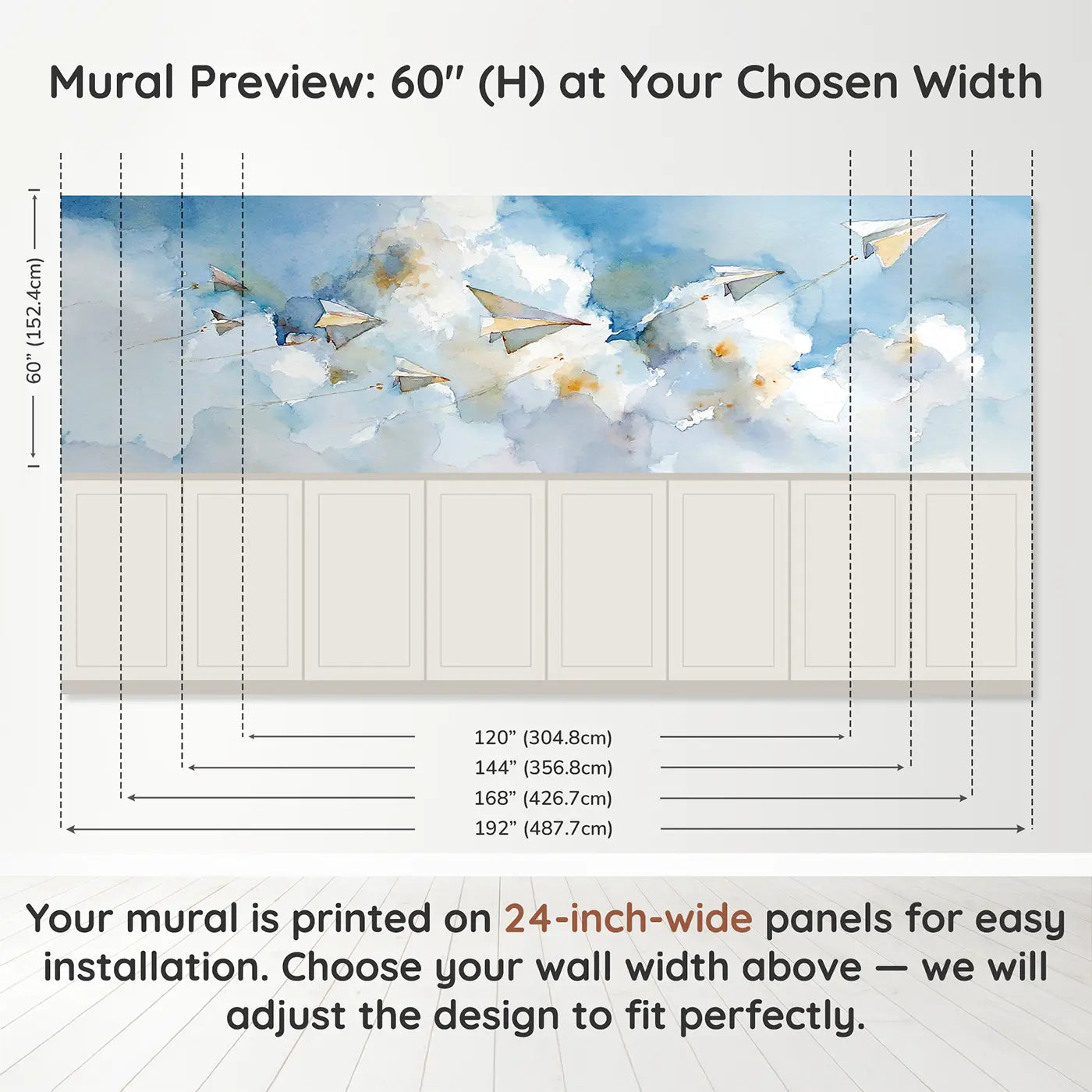 Panel dimensions for Paper Airplane Cloud Race Wainscoting Wallpaper by Whimsy Tots