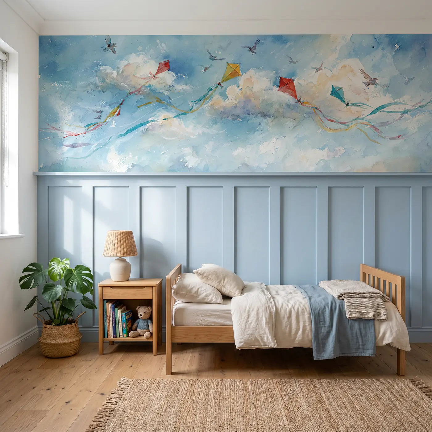 Watercolor kite festival sky garden wainscoting wallpaper for bedroom by Whimsy Tots