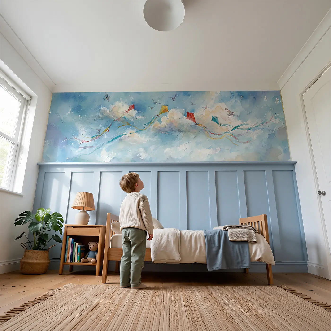 Child reading near Kite Festival Sky Garden Wainscoting Wallpaper by Whimsy Tots