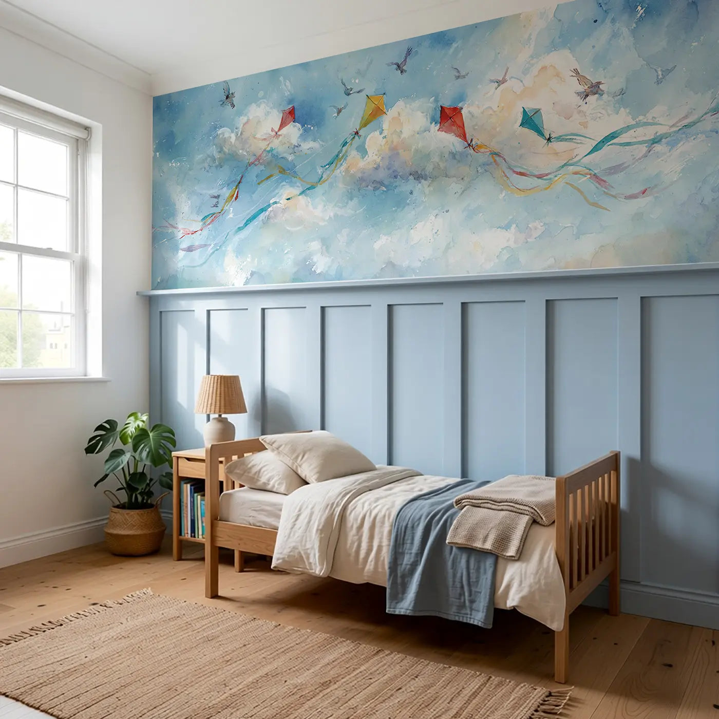 Kite Festival Sky Garden Wainscoting Wallpaper styled in a kids bedroom by Whimsy Tots