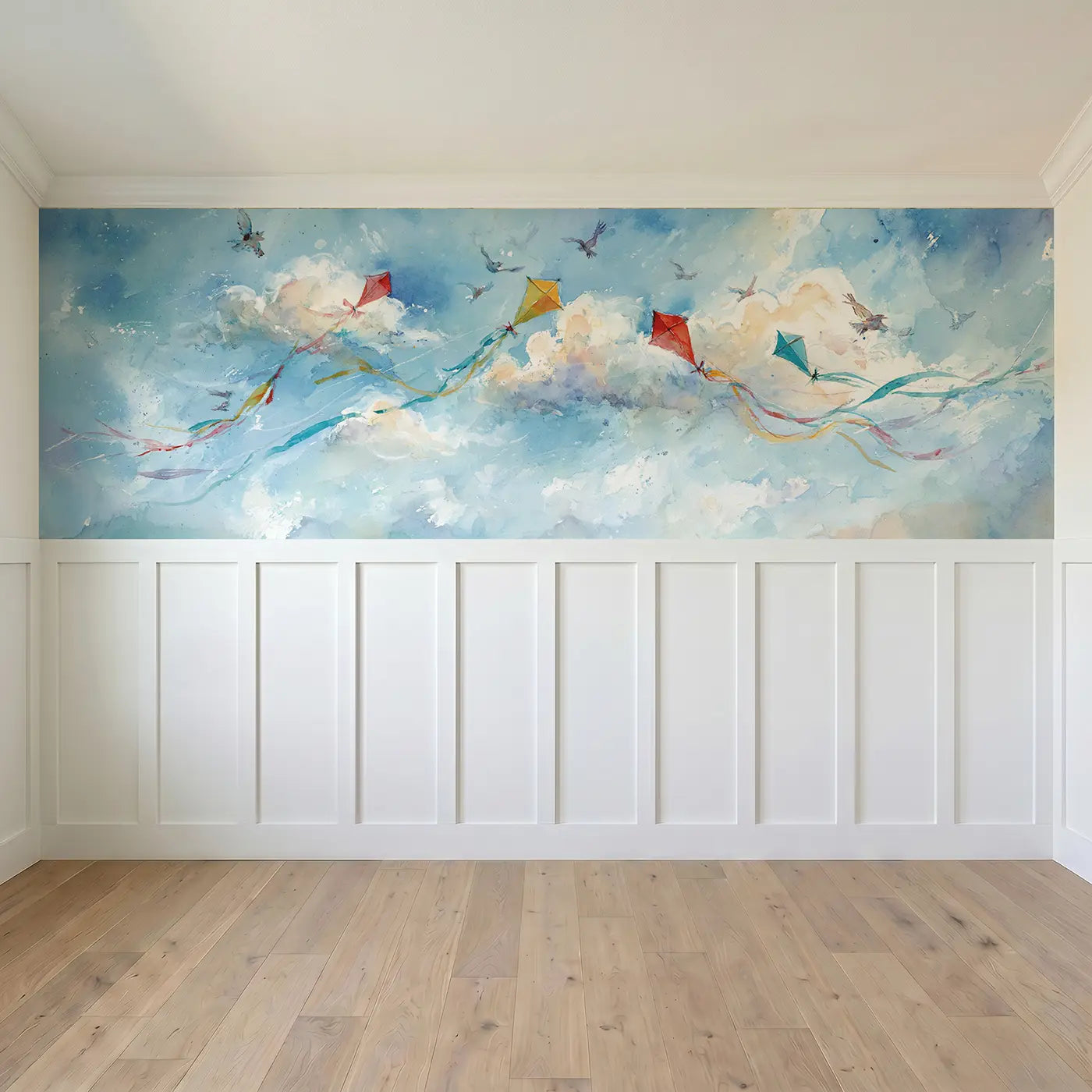 Full panel view of Kite Festival Sky Garden Wainscoting Wallpaper by Whimsy Tots