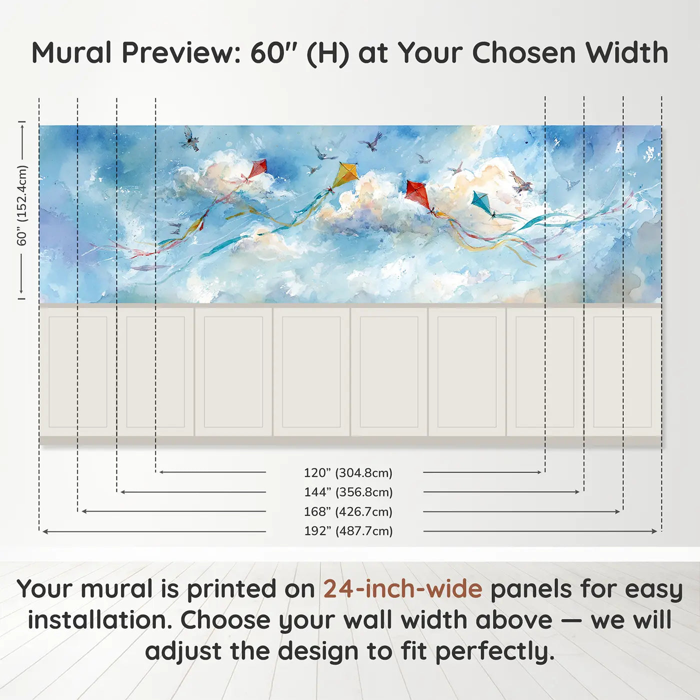 Panel dimensions for Kite Festival Sky Garden Wainscoting Wallpaper by Whimsy Tots