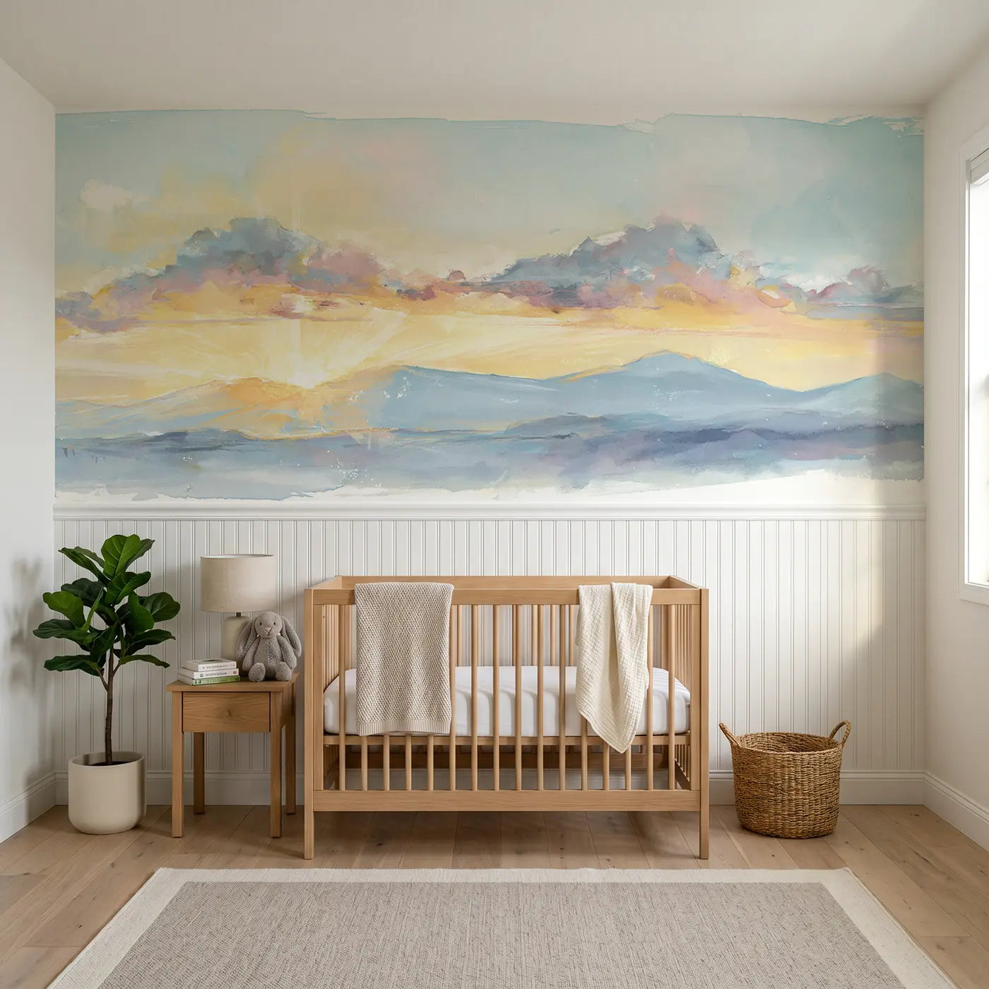 Watercolor sunrise cloud mountain glow wainscoting wallpaper for nursery by Whimsy Tots