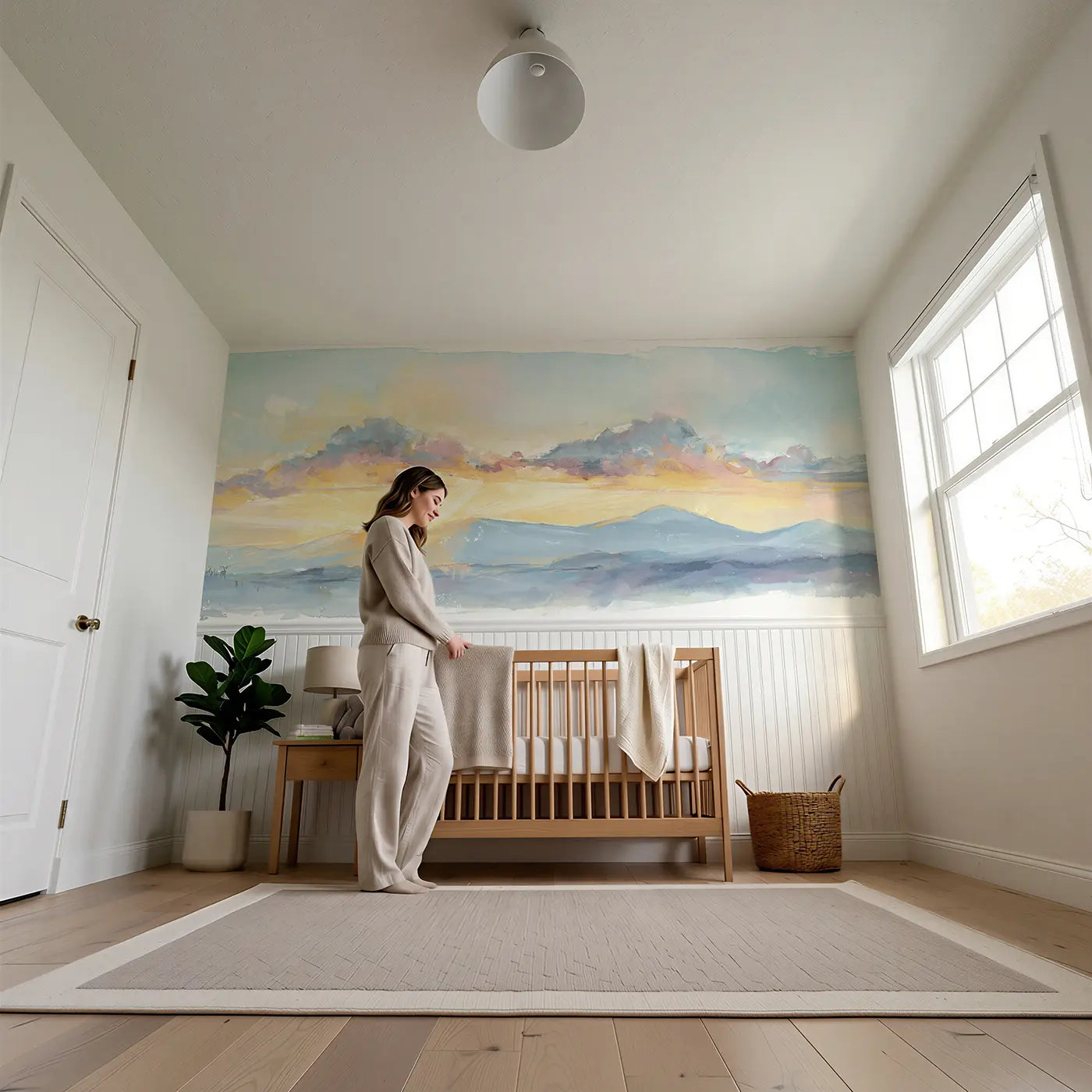 Child reading near Sunrise Cloud Mountain Glow Wainscoting Wallpaper by Whimsy Tots