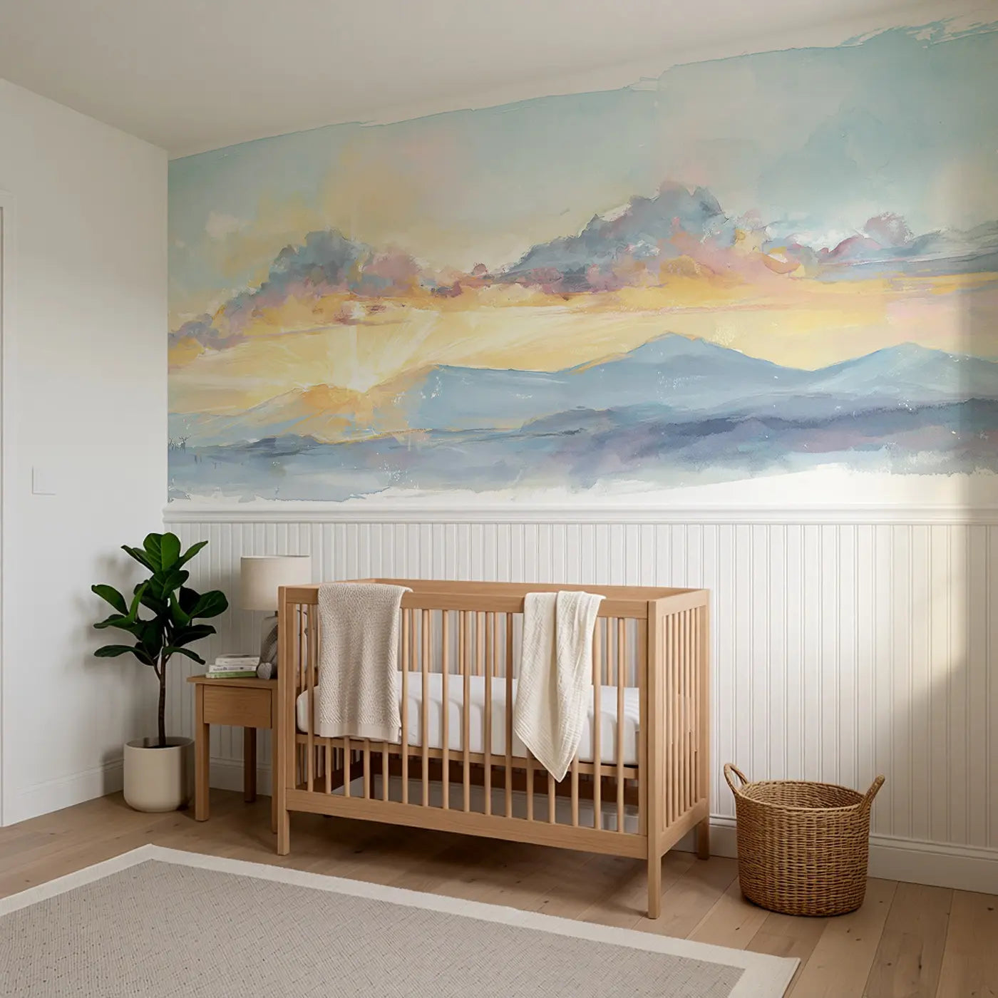 Sunrise Cloud Mountain Glow Wainscoting Wallpaper styled in a kids bedroom by Whimsy Tots
