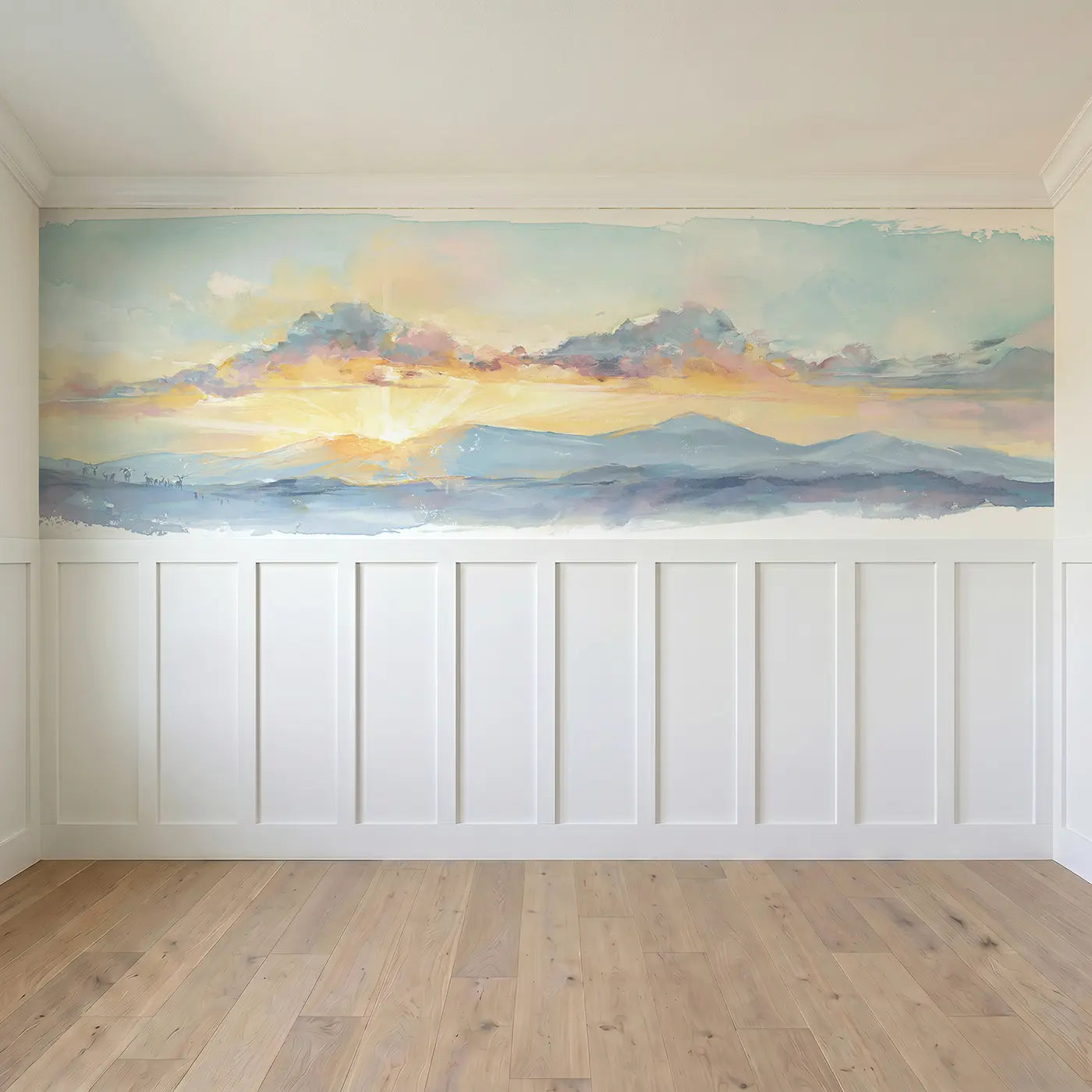 Full panel view of Sunrise Cloud Mountain Glow Wainscoting Wallpaper by Whimsy Tots