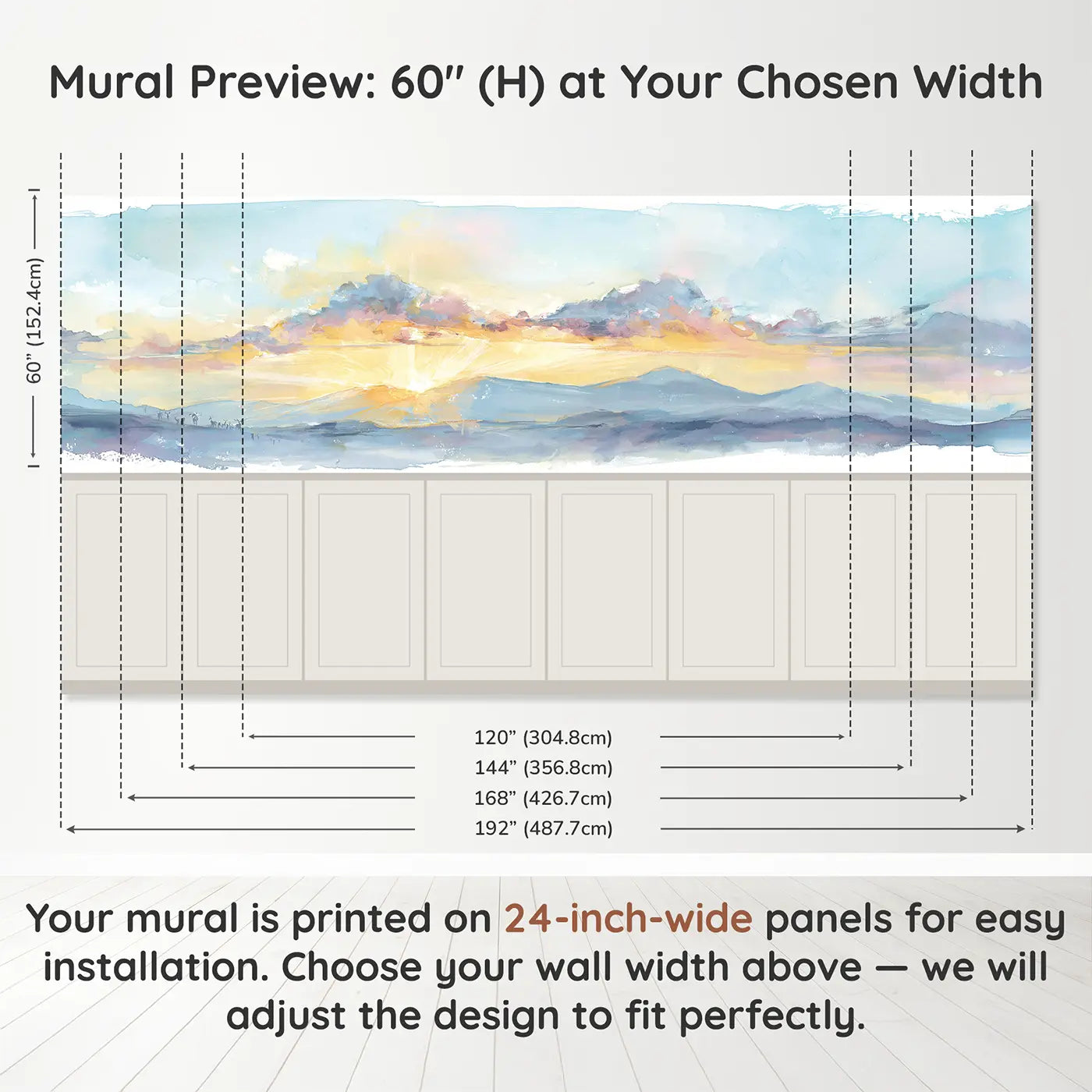 Panel dimensions for Sunrise Cloud Mountain Glow Wainscoting Wallpaper by Whimsy Tots