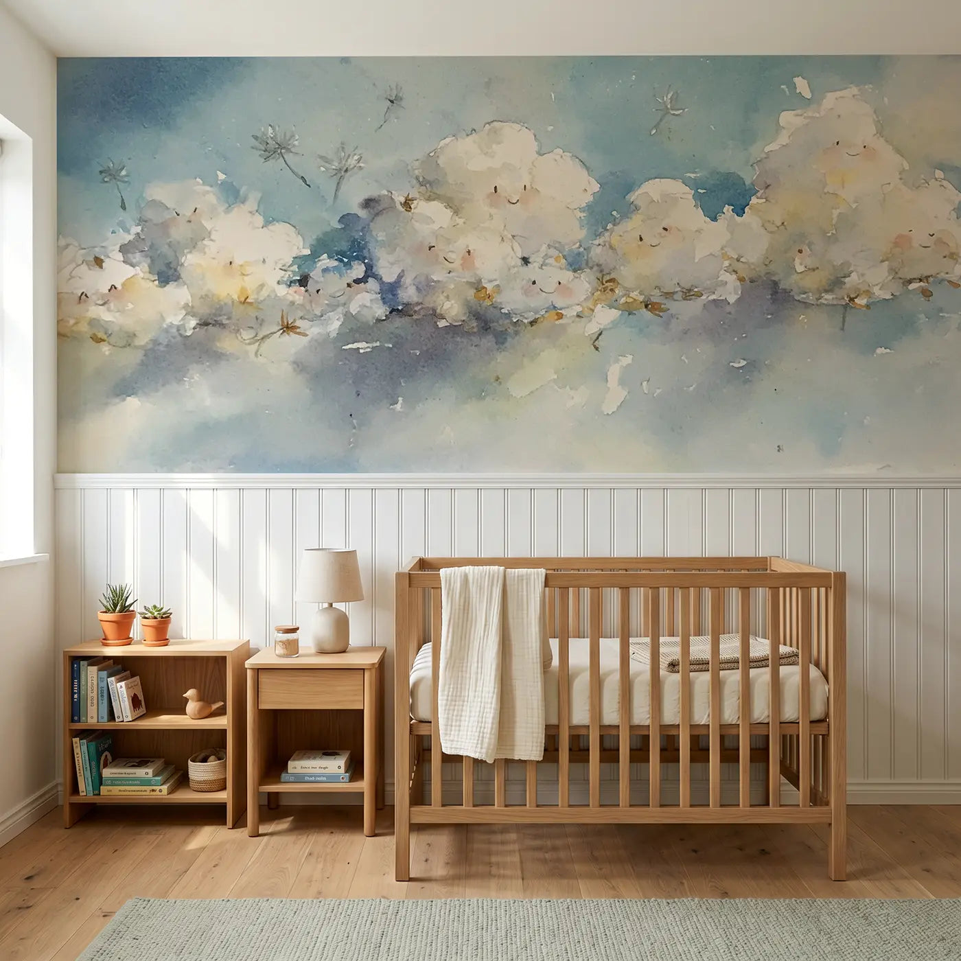 Watercolor breezy cloud meadow sky wainscoting wallpaper for nursery by Whimsy Tots