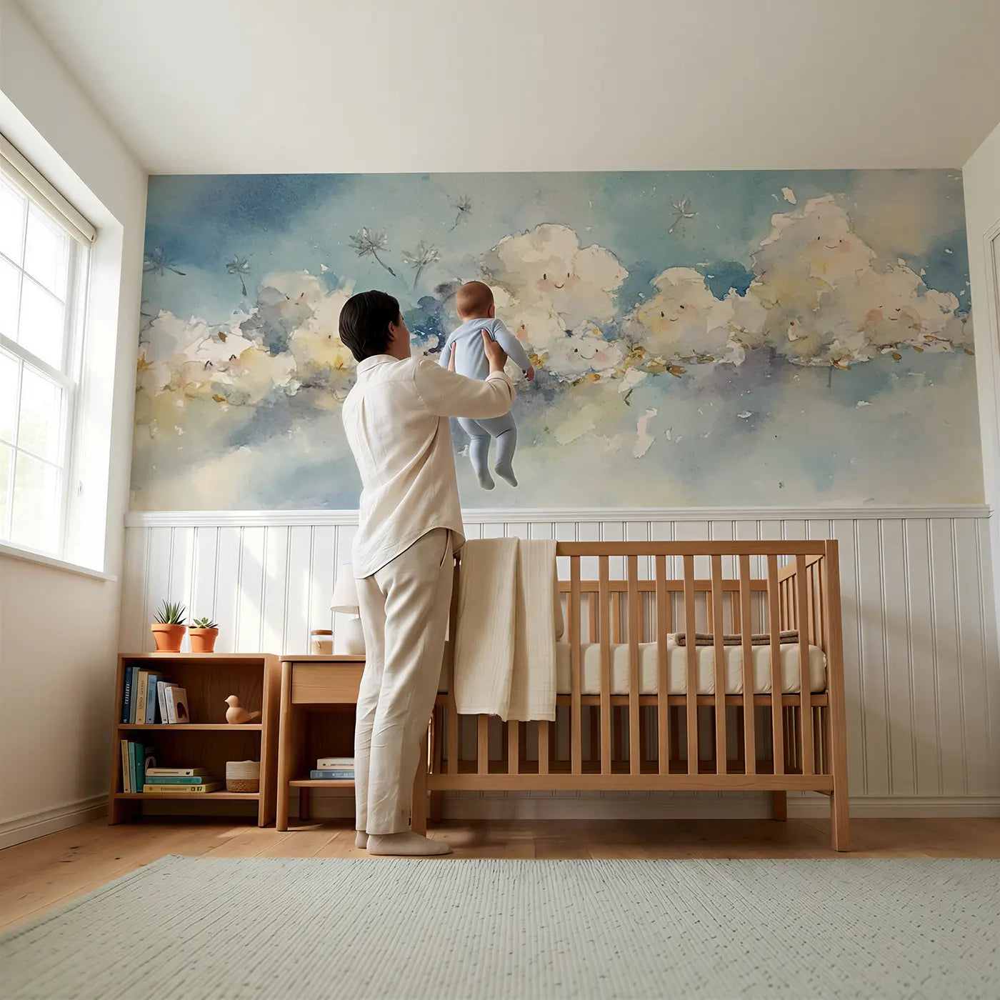 Child reading near Breezy Cloud Meadow Sky Wainscoting Wallpaper by Whimsy Tots