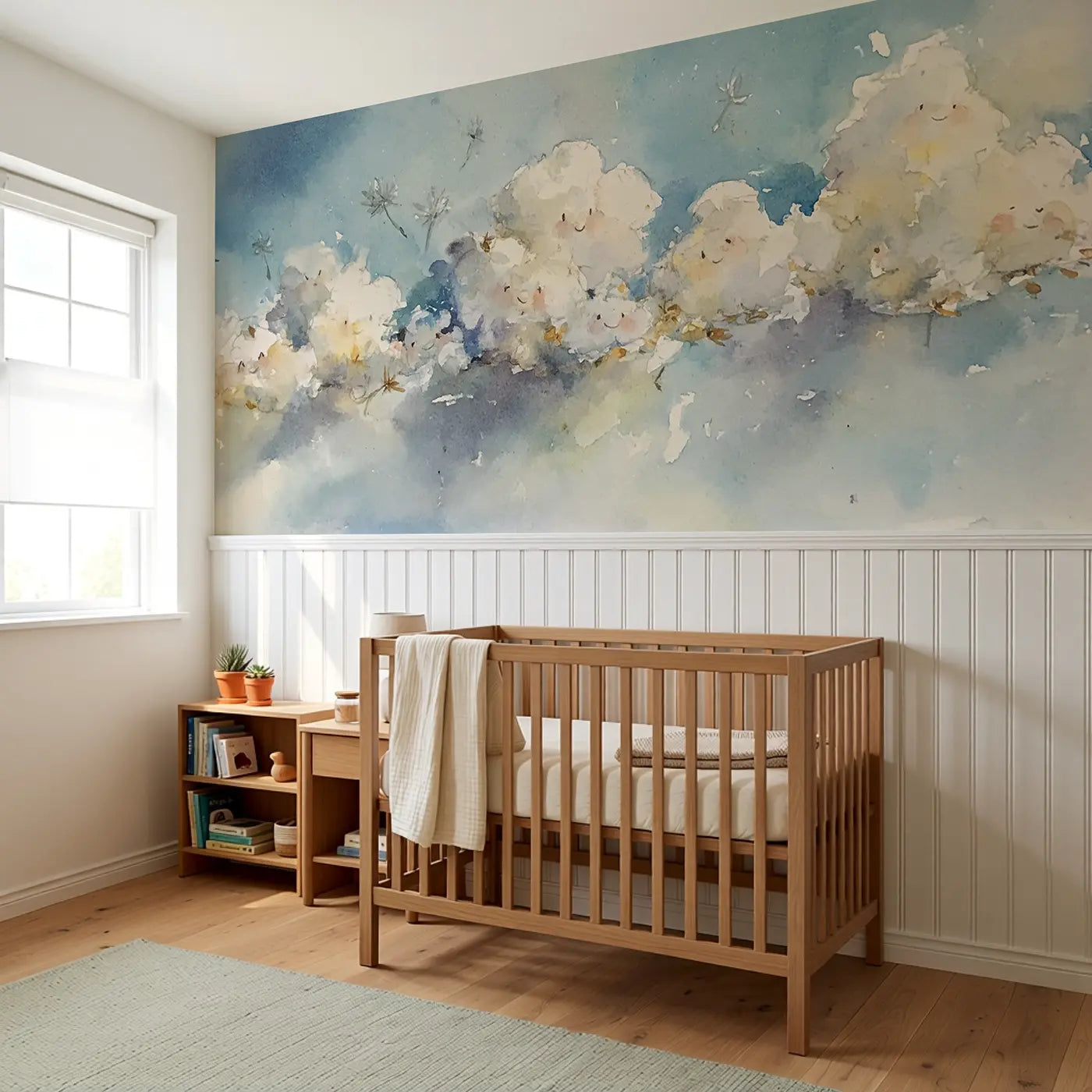 Breezy Cloud Meadow Sky Wainscoting Wallpaper styled in a kids bedroom by Whimsy Tots