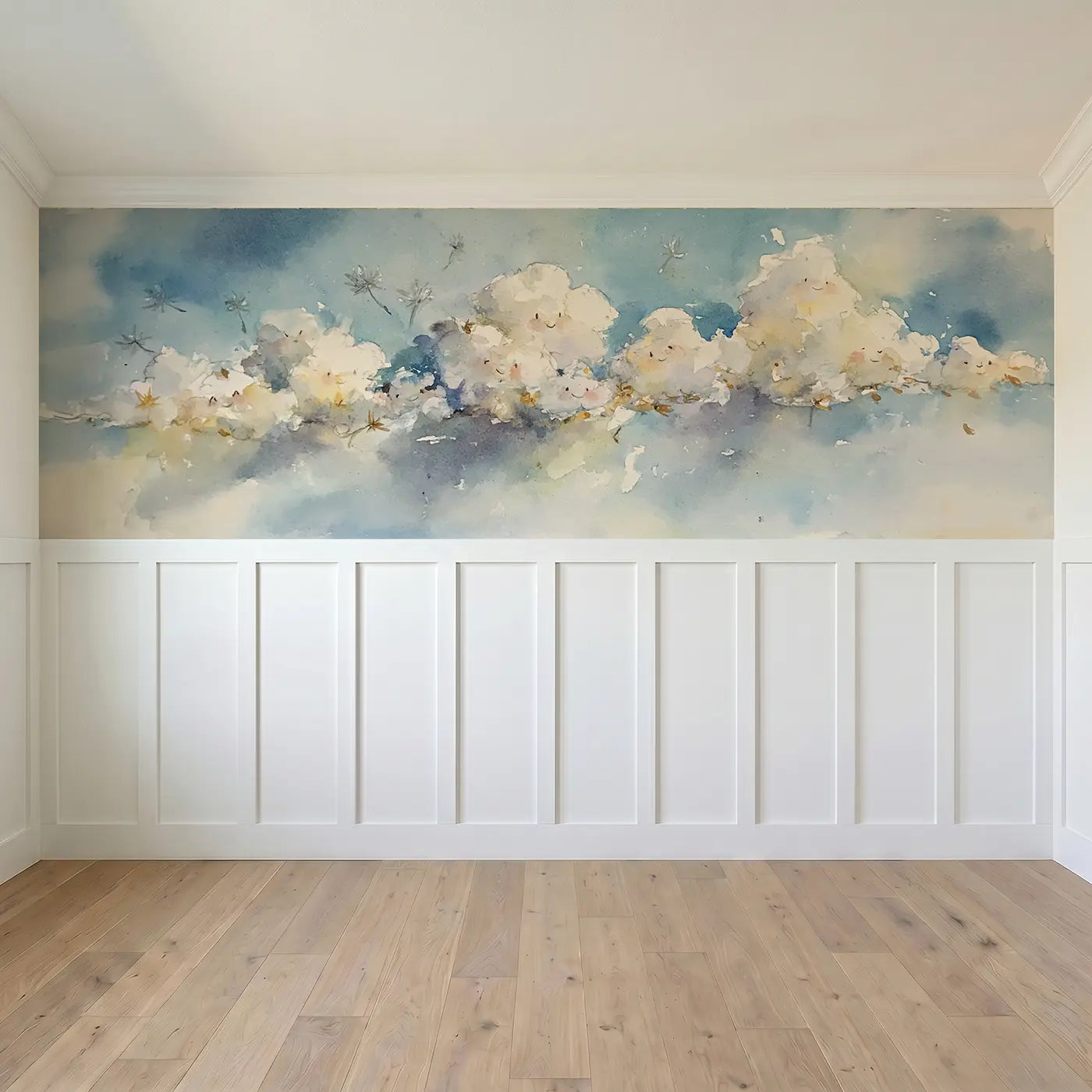 Full panel view of Breezy Cloud Meadow Sky Wainscoting Wallpaper by Whimsy Tots