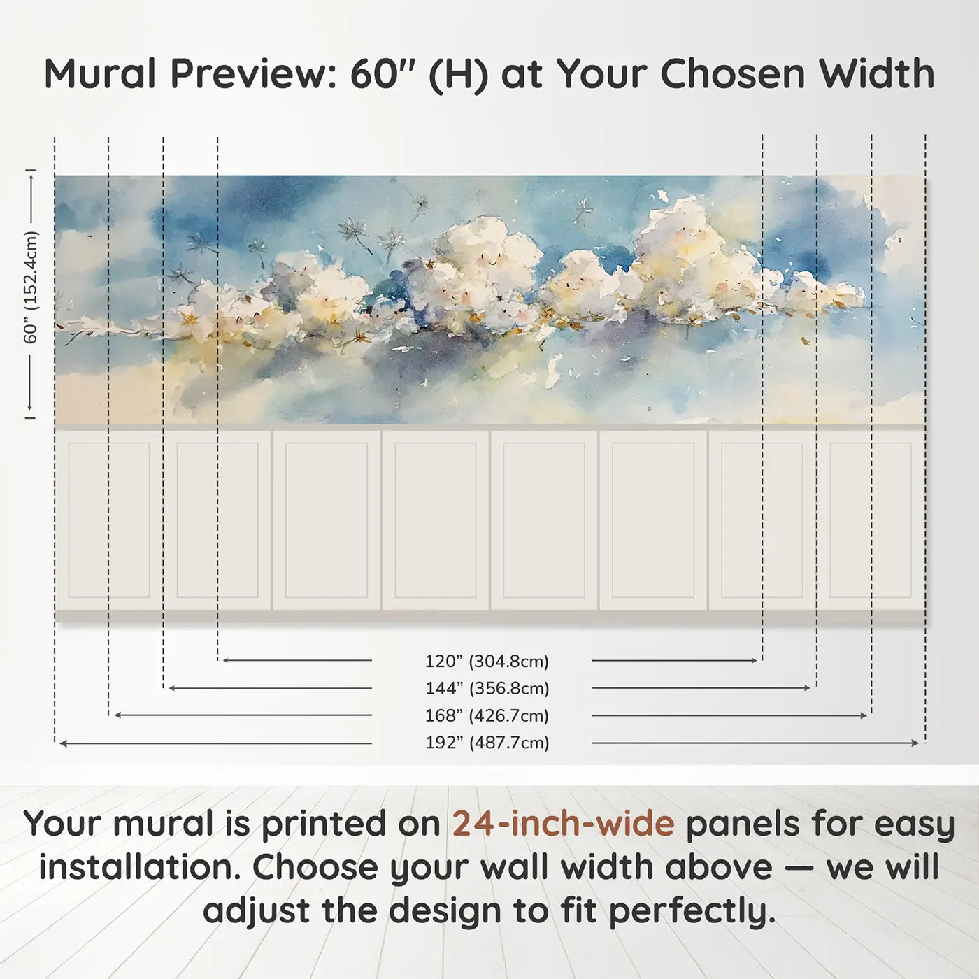 Panel dimensions for Breezy Cloud Meadow Sky Wainscoting Wallpaper by Whimsy Tots