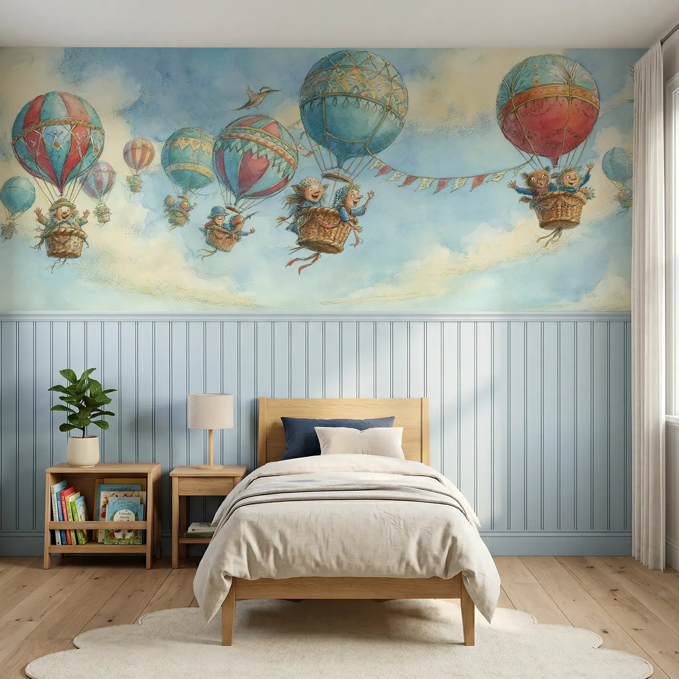 Storybook balloon festival sky wainscoting wallpaper for nursery by Whimsy Tots