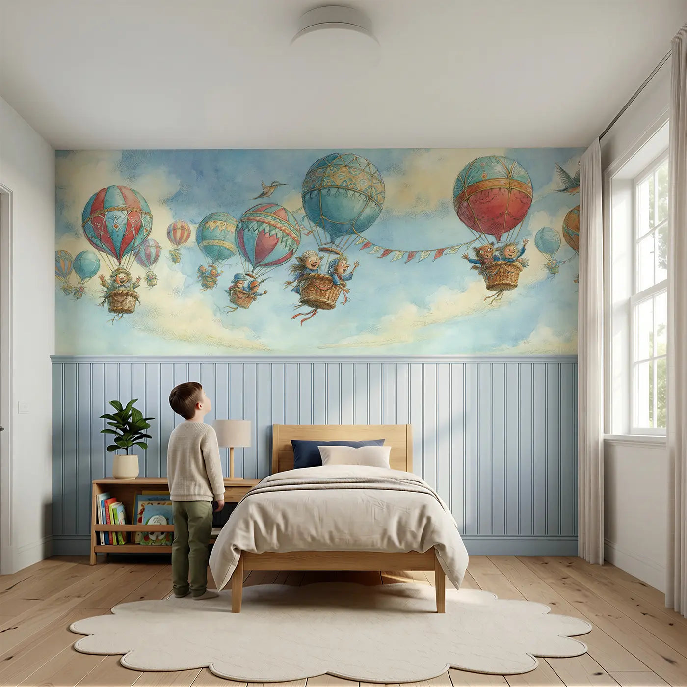 Child reading near Balloon Festival Storybook Sky Wainscoting Wallpaper by Whimsy Tots