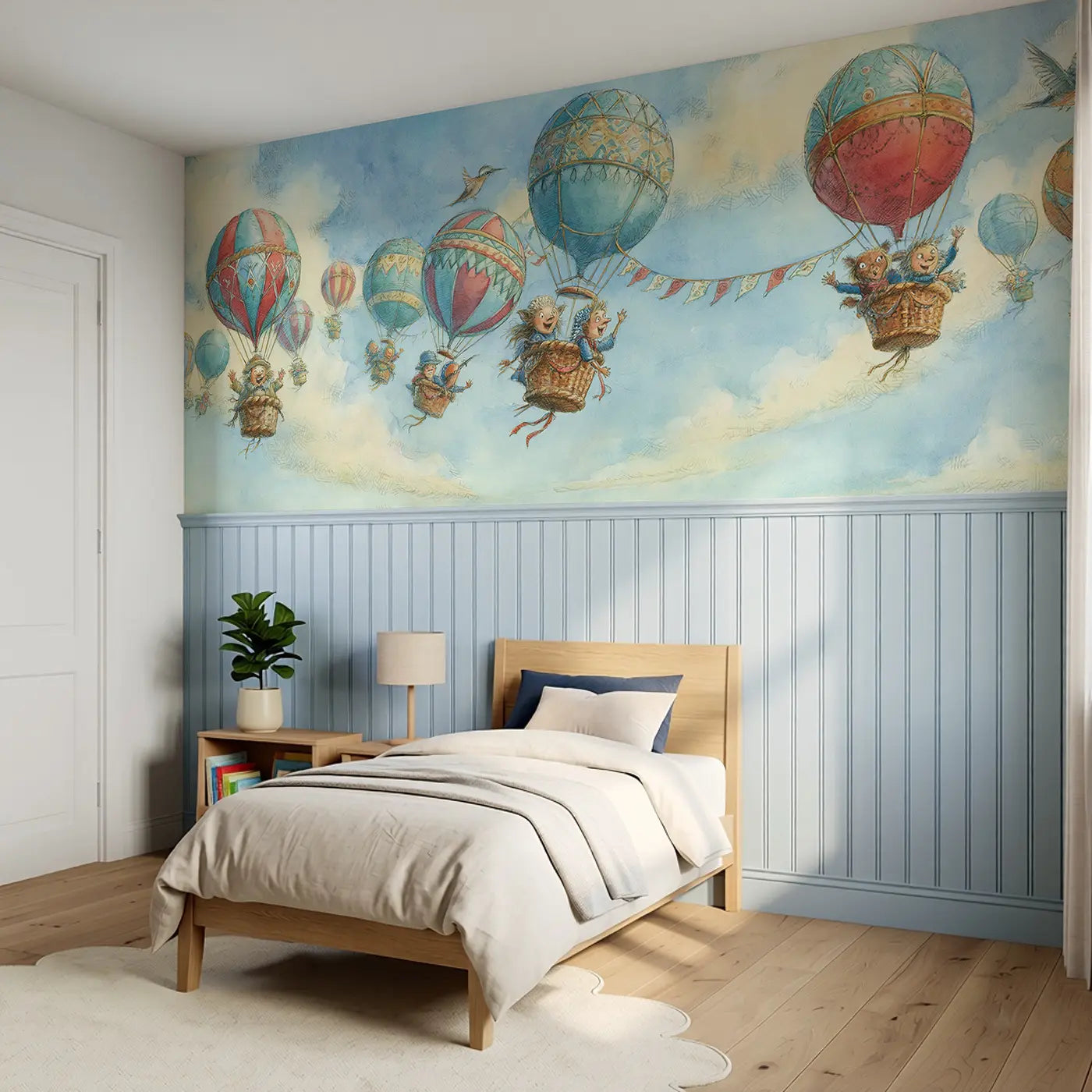 Balloon Festival Storybook Sky Wainscoting Wallpaper styled in a kids bedroom by Whimsy Tots