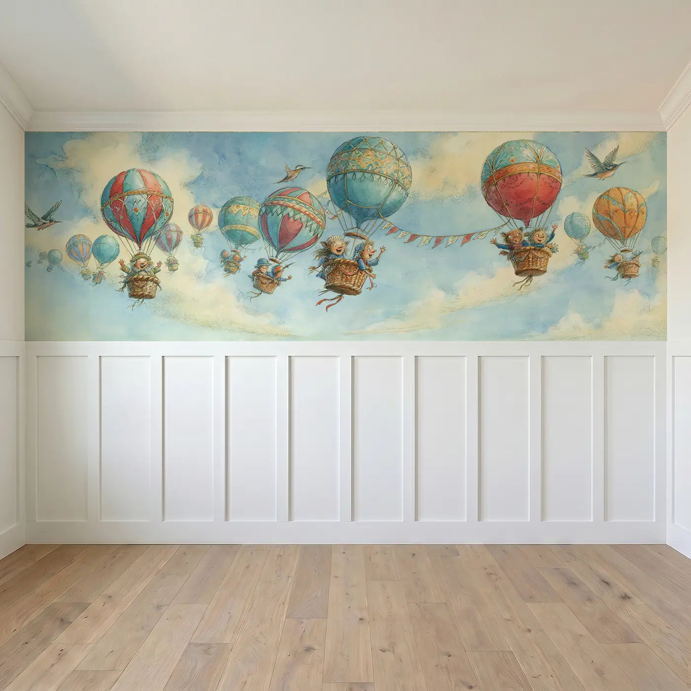 Full panel view of Balloon Festival Storybook Sky Wainscoting Wallpaper by Whimsy Tots