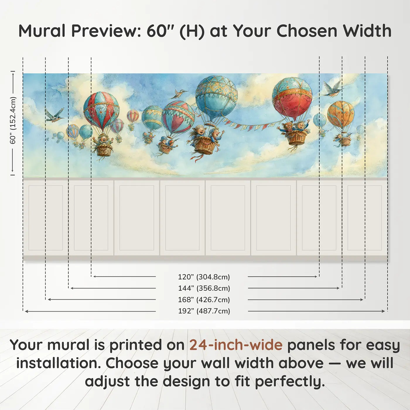 Panel dimensions for Balloon Festival Storybook Sky Wainscoting Wallpaper by Whimsy Tots