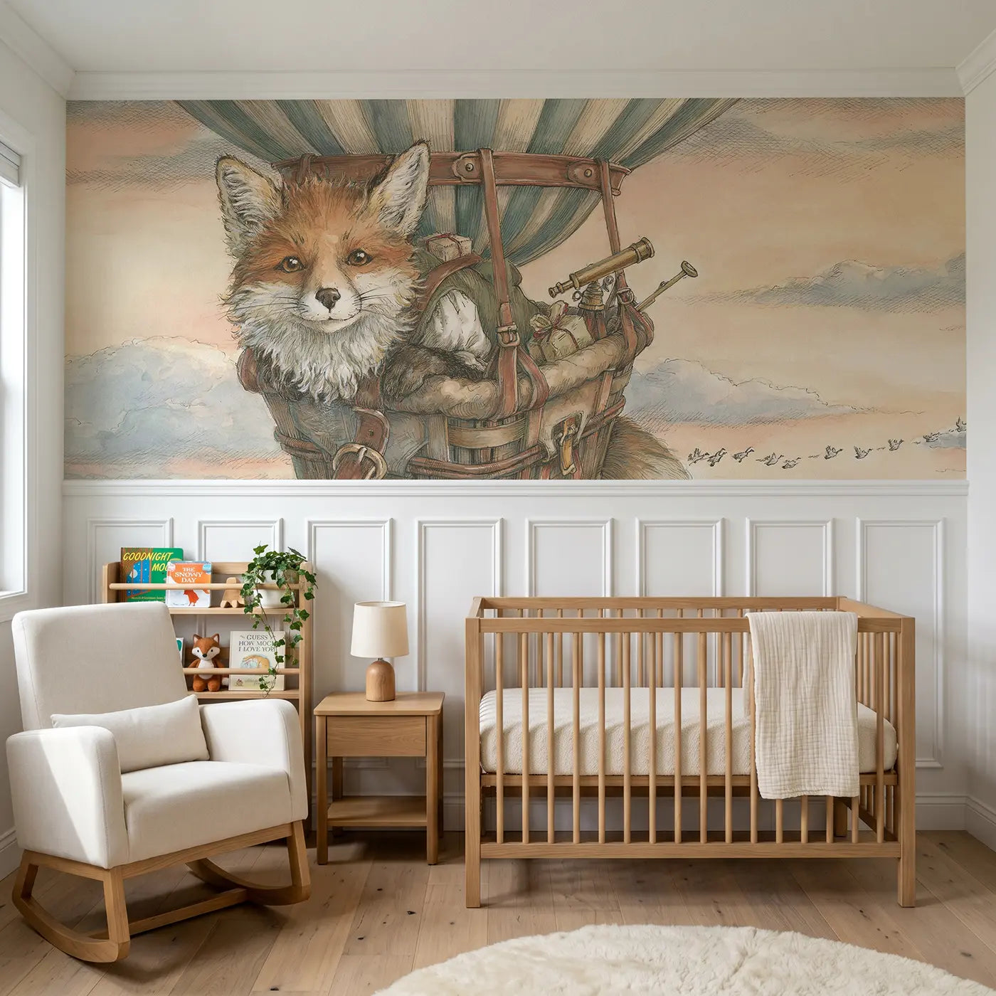 Storybook fox cloud balloon adventure wainscoting wallpaper for nursery by Whimsy Tots