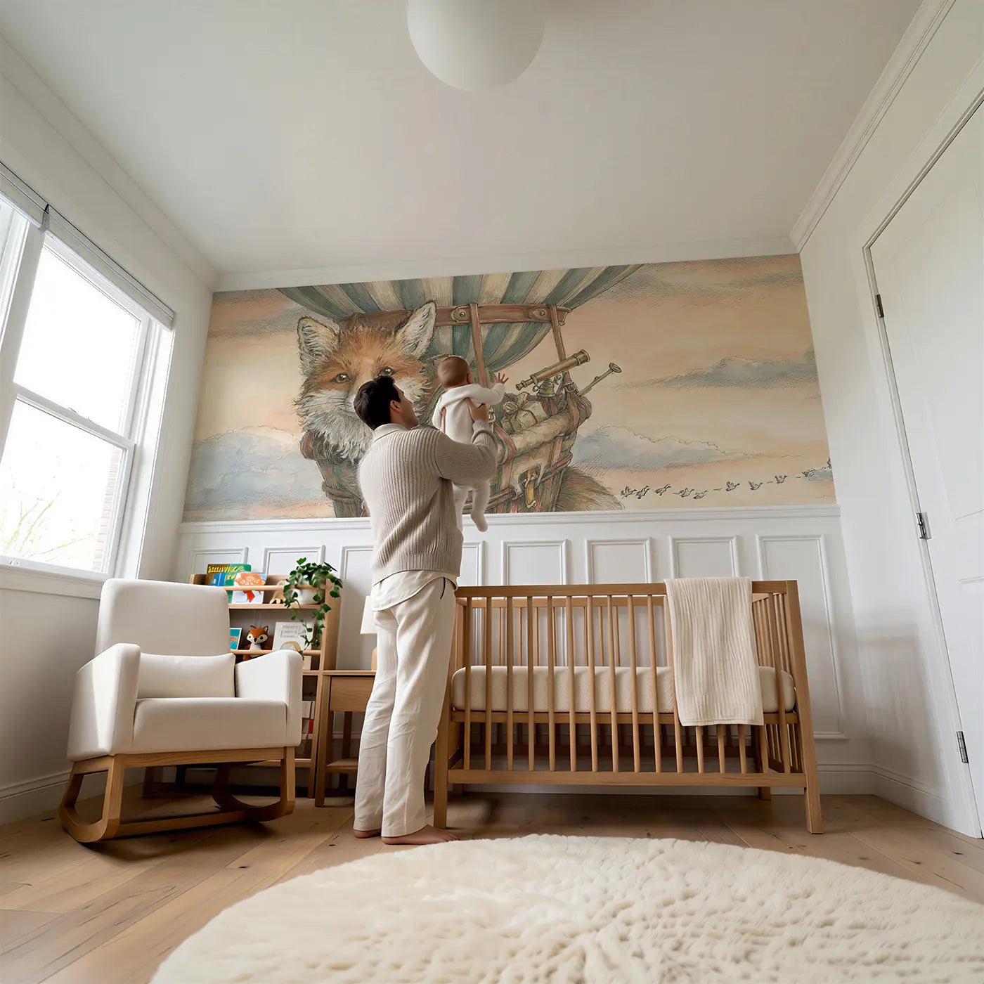 Child reading near Fox Cloud Balloon Adventure Wainscoting Wallpaper by Whimsy Tots