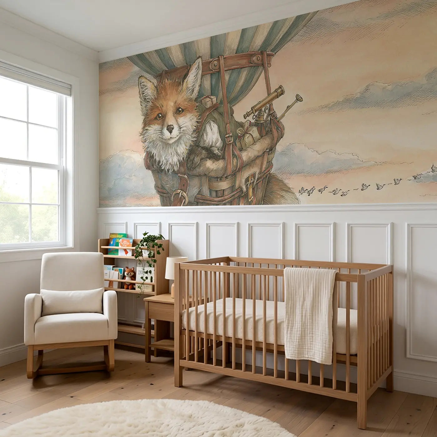 Fox Cloud Balloon Adventure Wainscoting Wallpaper styled in a kids bedroom by Whimsy Tots