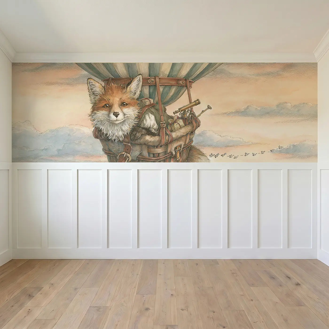 Full panel view of Fox Cloud Balloon Adventure Wainscoting Wallpaper by Whimsy Tots