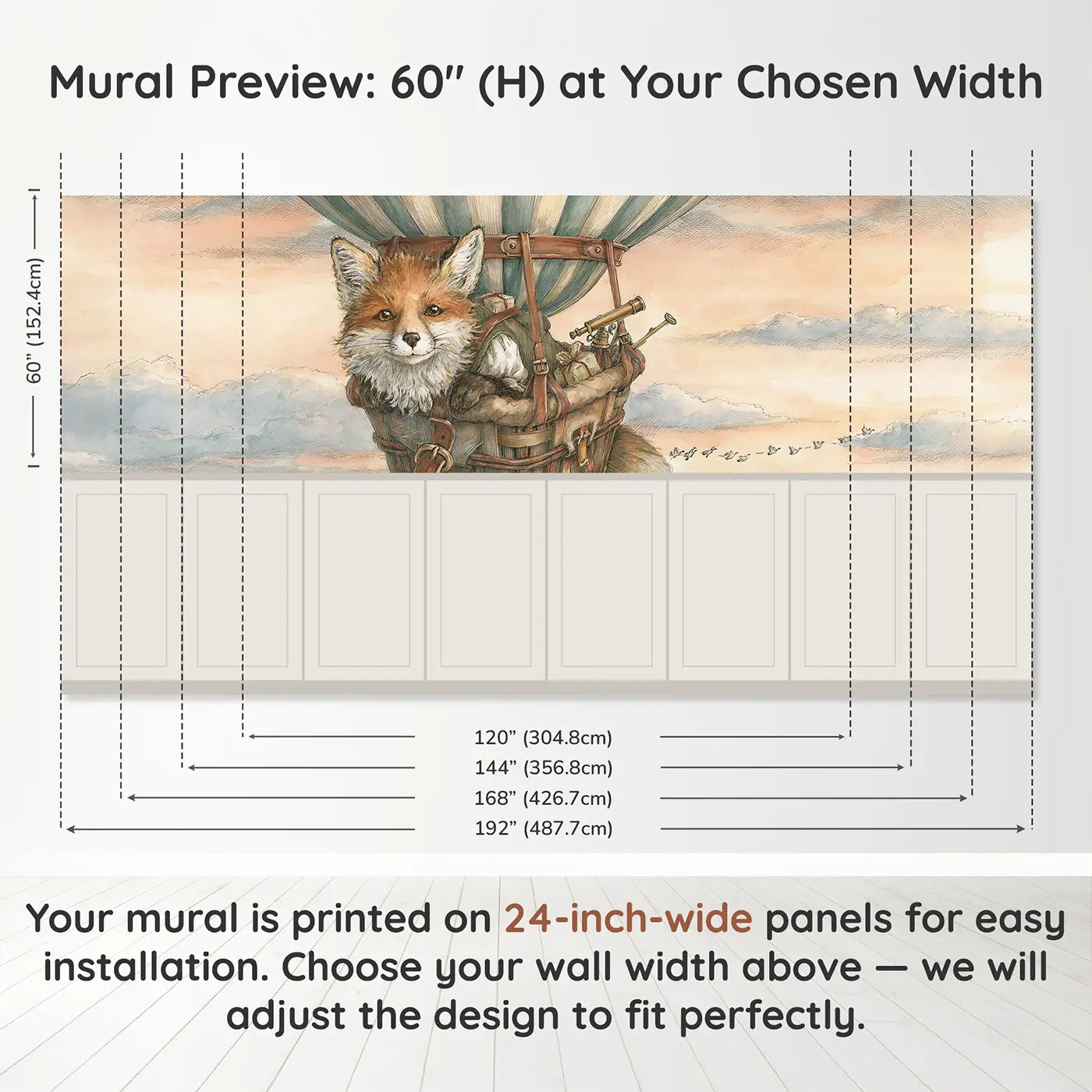 Panel dimensions for Fox Cloud Balloon Adventure Wainscoting Wallpaper by Whimsy Tots
