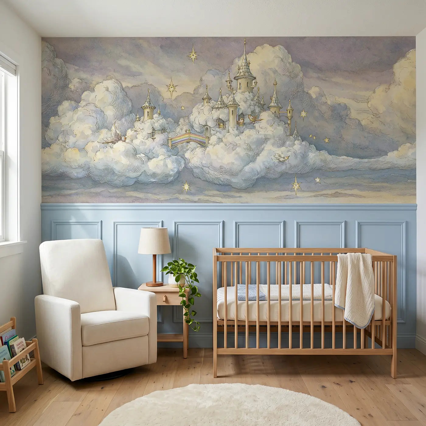 Storybook cloud castle kingdom wainscoting wallpaper for nursery by Whimsy Tots