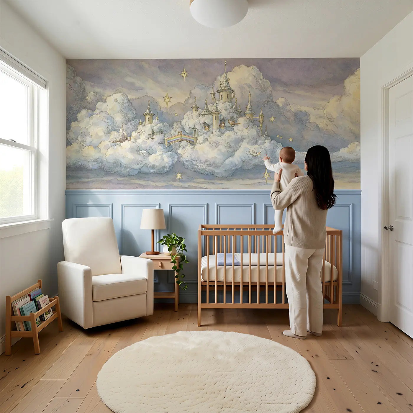 Child reading near Cloud Castle Kingdom Wainscoting Wallpaper by Whimsy Tots