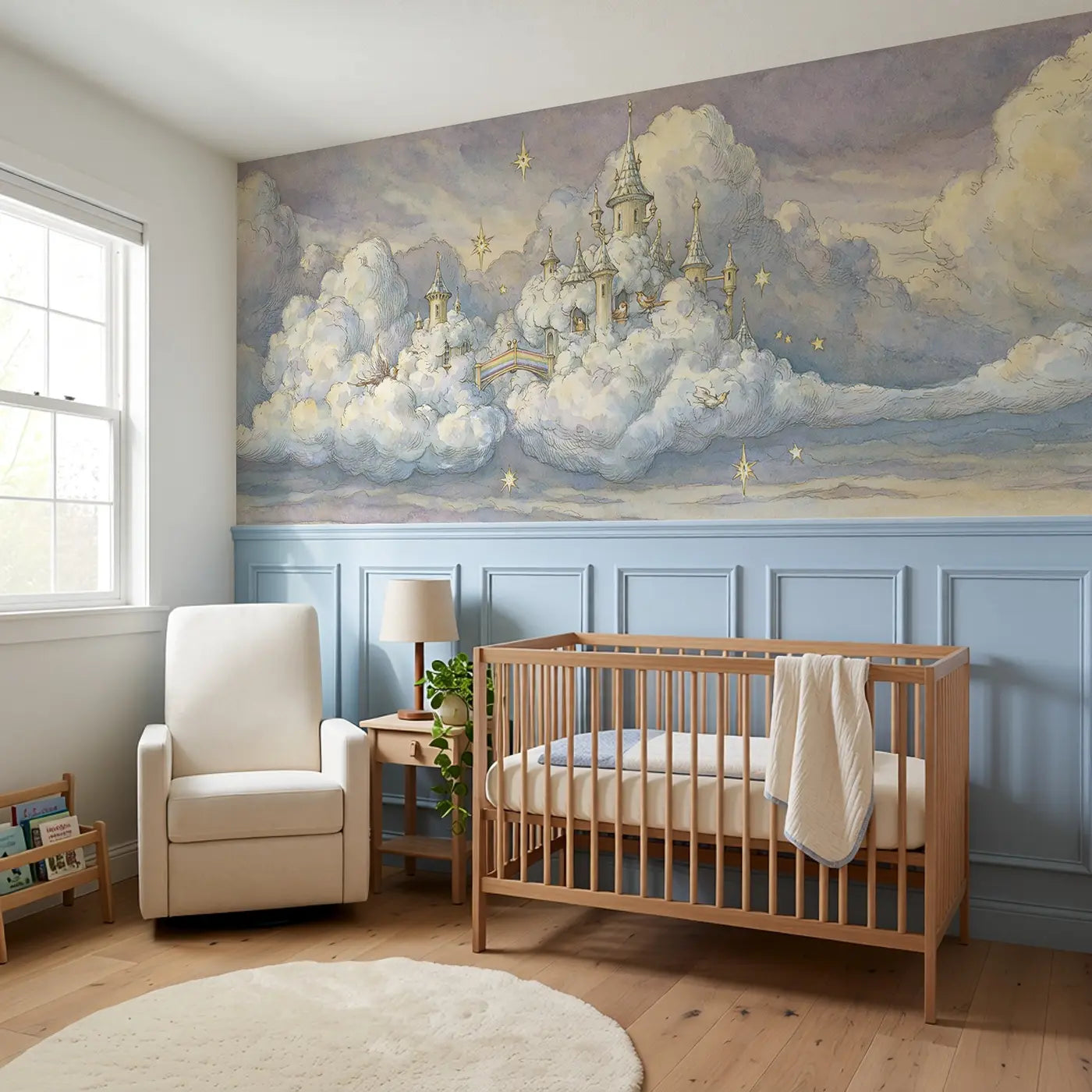 Cloud Castle Kingdom Wainscoting Wallpaper styled in a kids bedroom by Whimsy Tots
