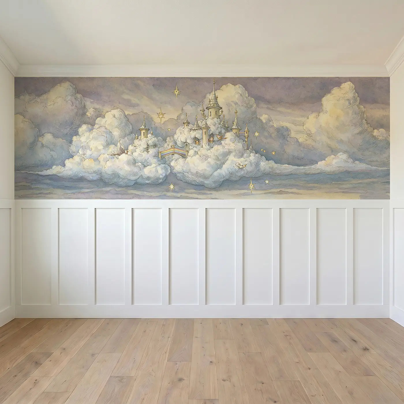 Full panel view of Cloud Castle Kingdom Wainscoting Wallpaper by Whimsy Tots