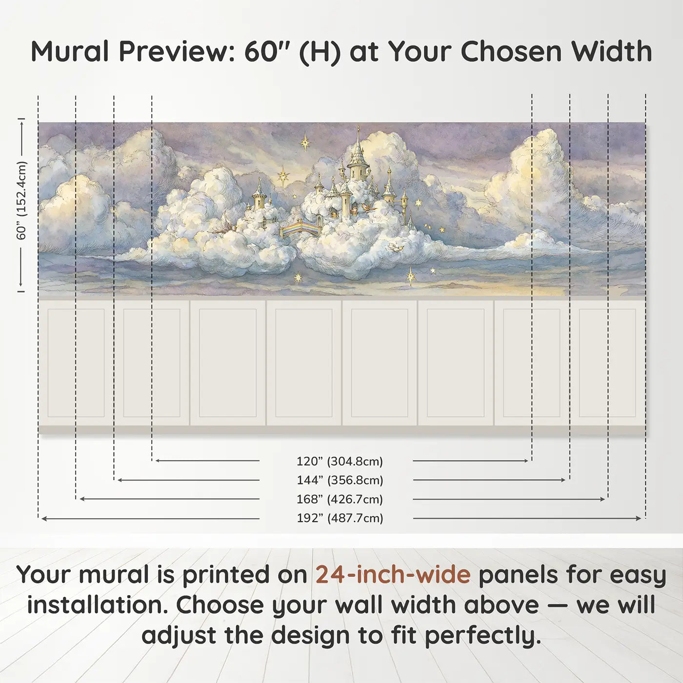 Panel dimensions for Cloud Castle Kingdom Wainscoting Wallpaper by Whimsy Tots