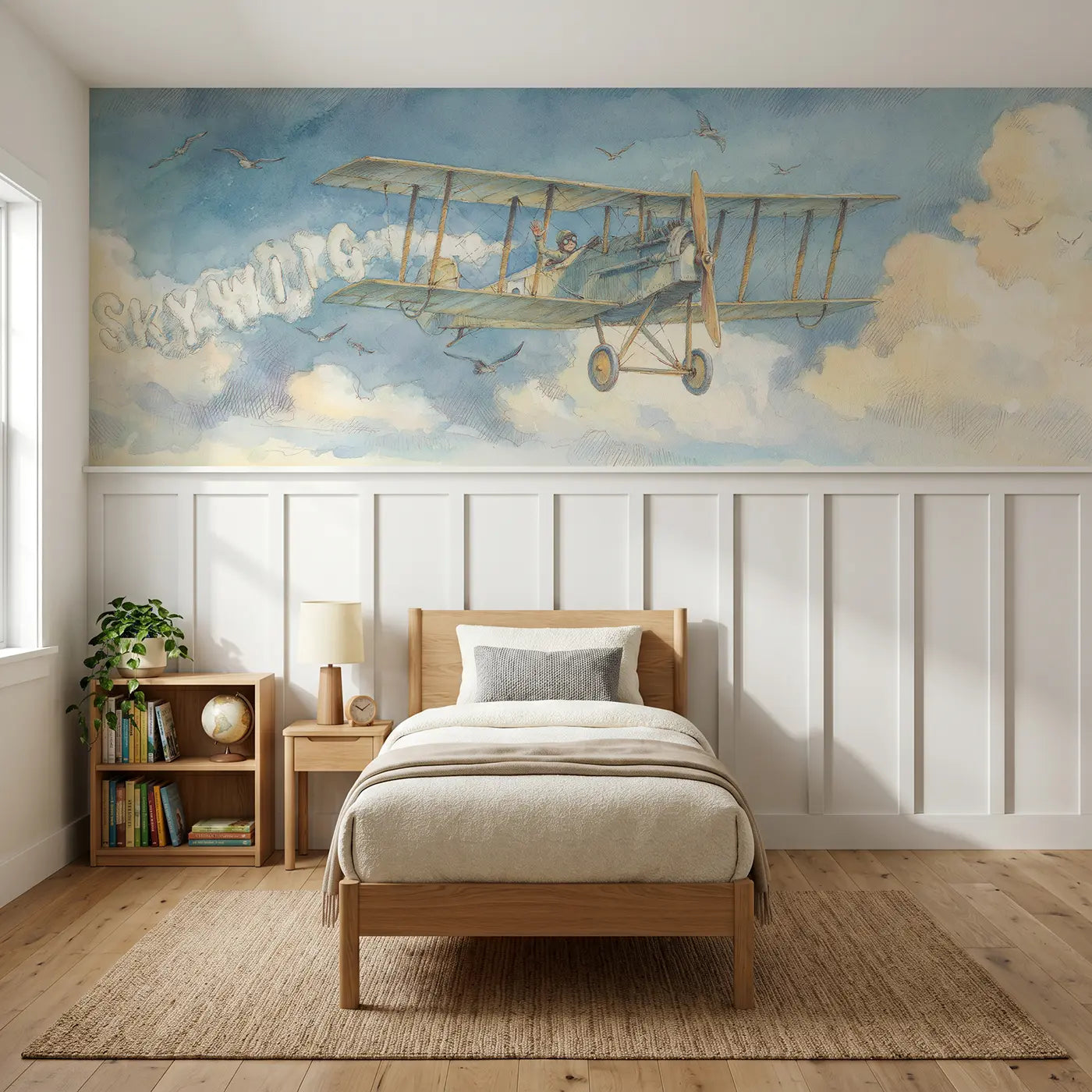 Storybook biplane skywriting letters wainscoting wallpaper for bedroom by Whimsy Tots